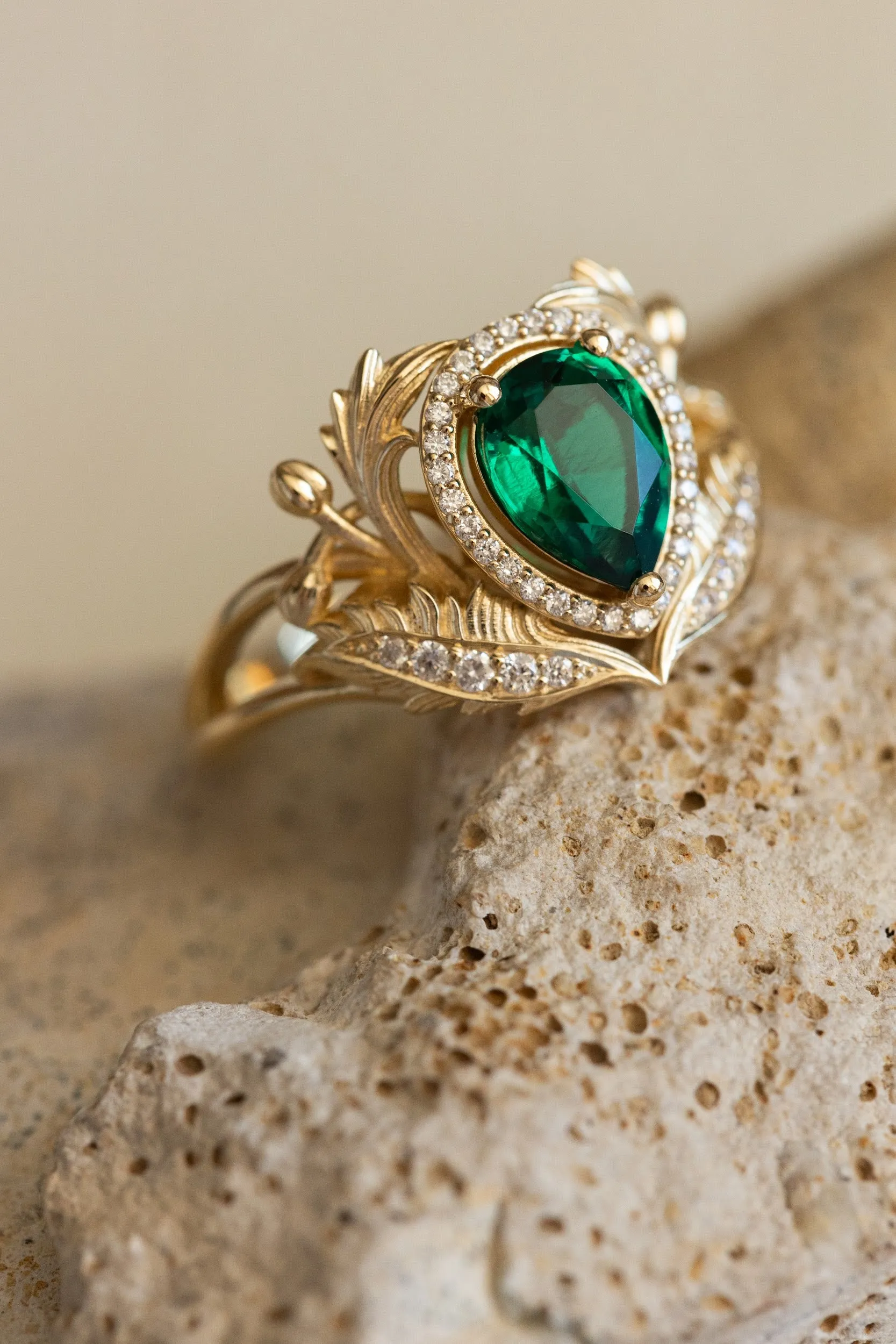 1 carat lab emerald engagement ring, gold nature inspired ring with diamond halo / Adonis halo