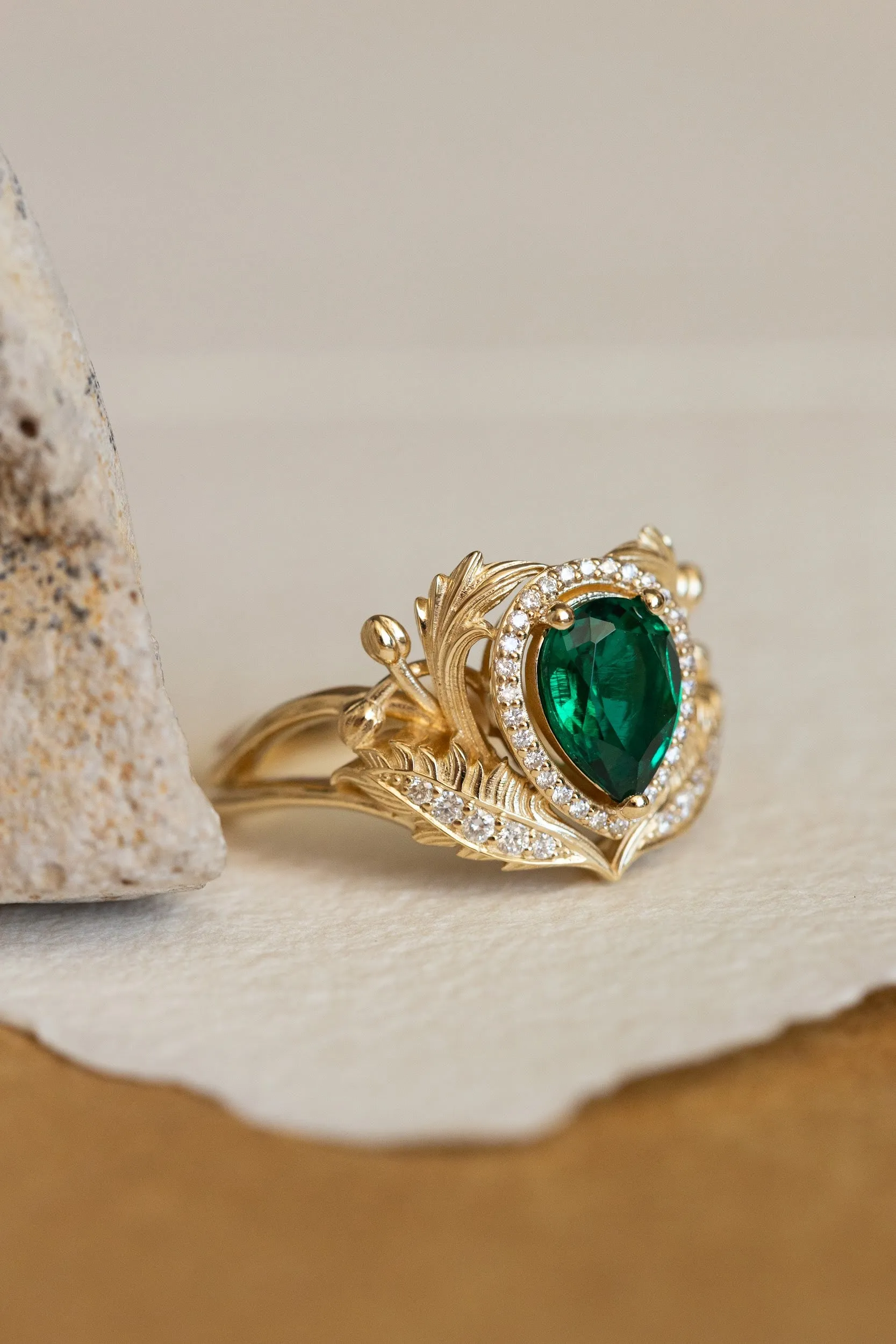 1 carat lab emerald engagement ring, gold nature inspired ring with diamond halo / Adonis halo