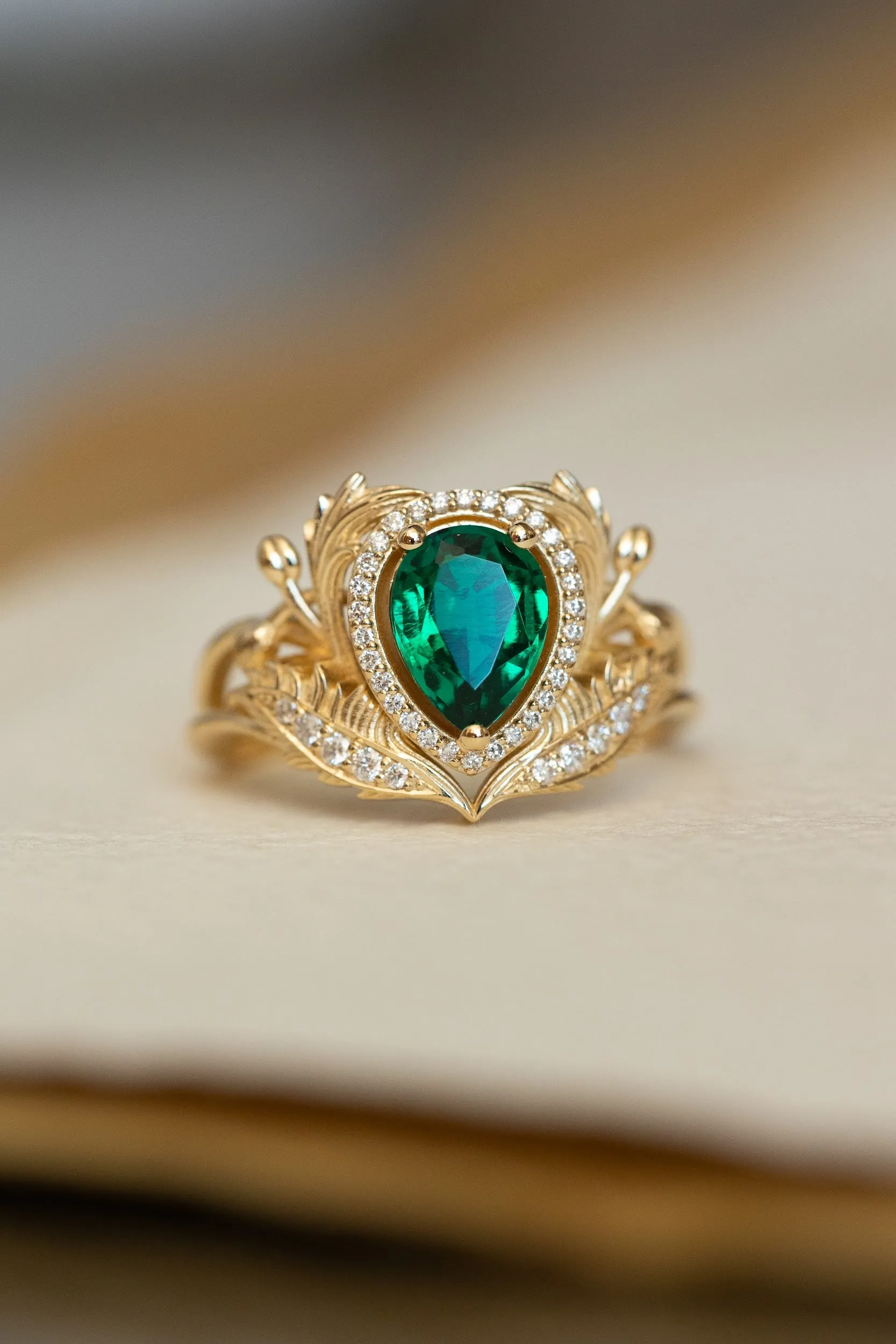 1 carat lab emerald engagement ring, gold nature inspired ring with diamond halo / Adonis halo