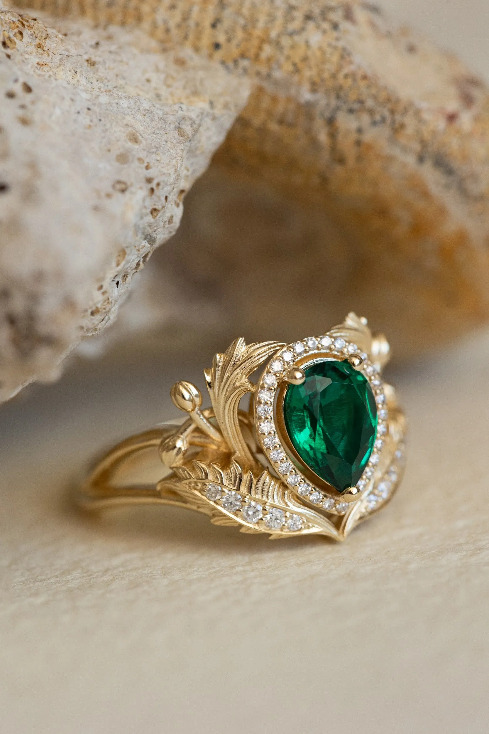 1 carat lab emerald engagement ring, gold nature inspired ring with diamond halo / Adonis halo