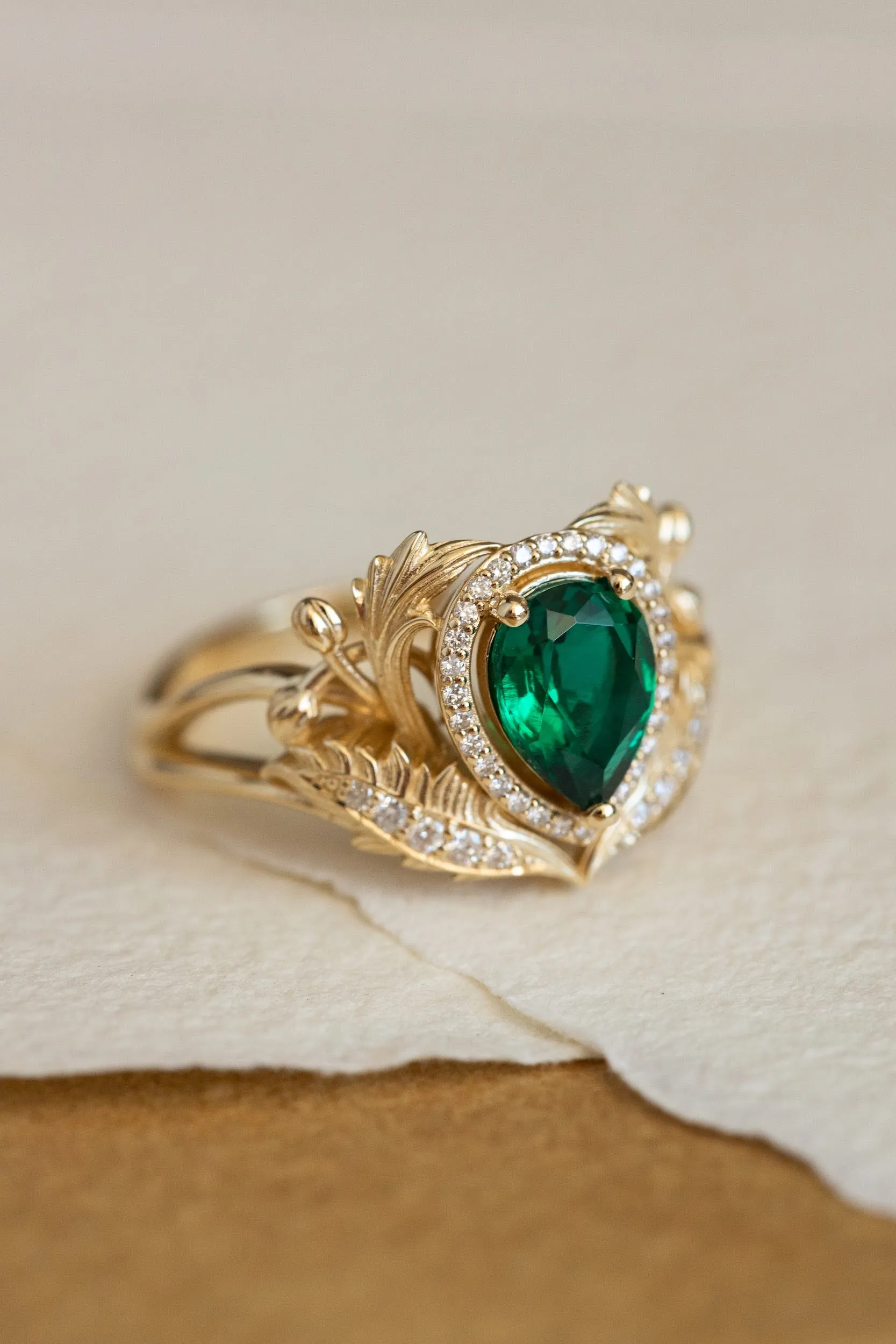 1 carat lab emerald engagement ring, gold nature inspired ring with diamond halo / Adonis halo