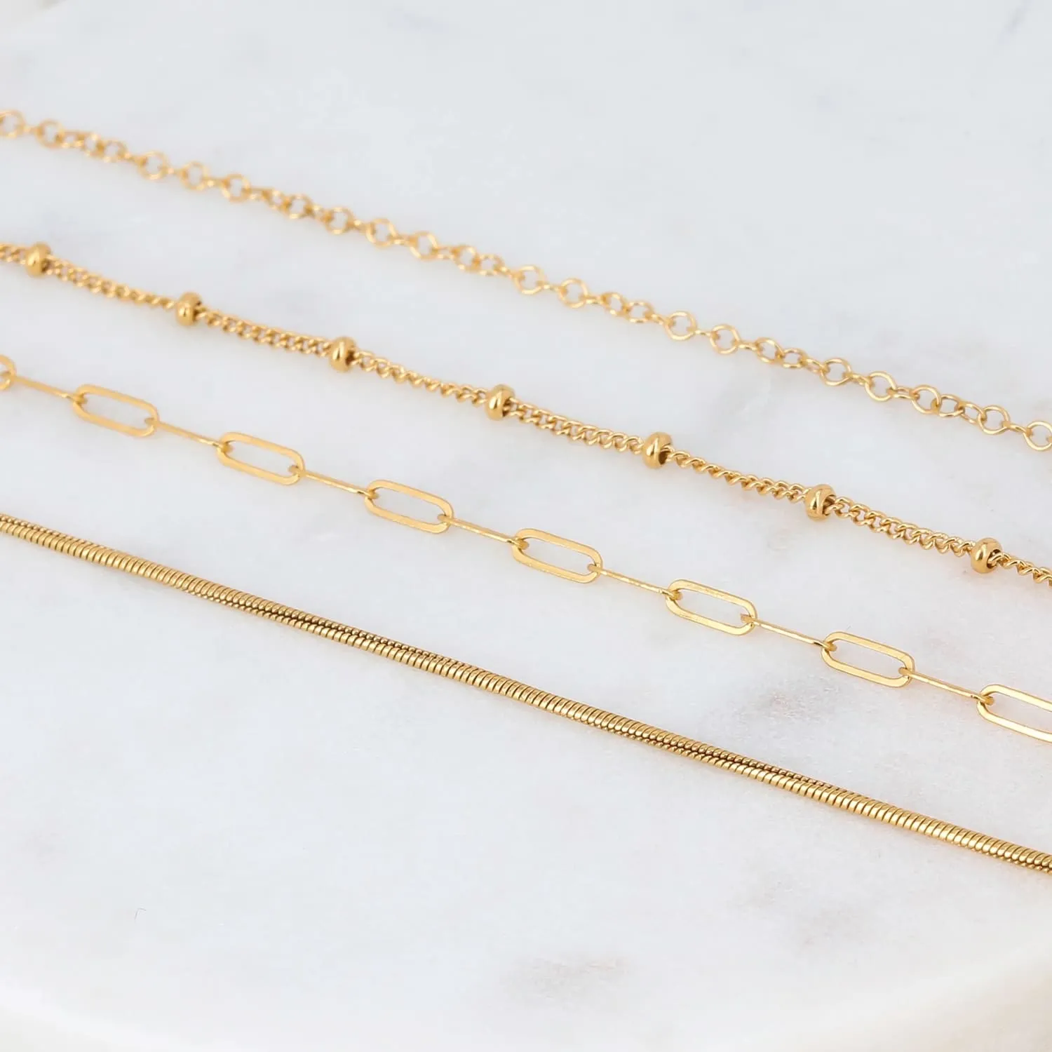 14k Layering Chains, Gold Filled Necklace, Paperclip, Cable, Snake, or Beaded Satellite Chain, Tarnish Free & Hypoallergenic, Chain Only