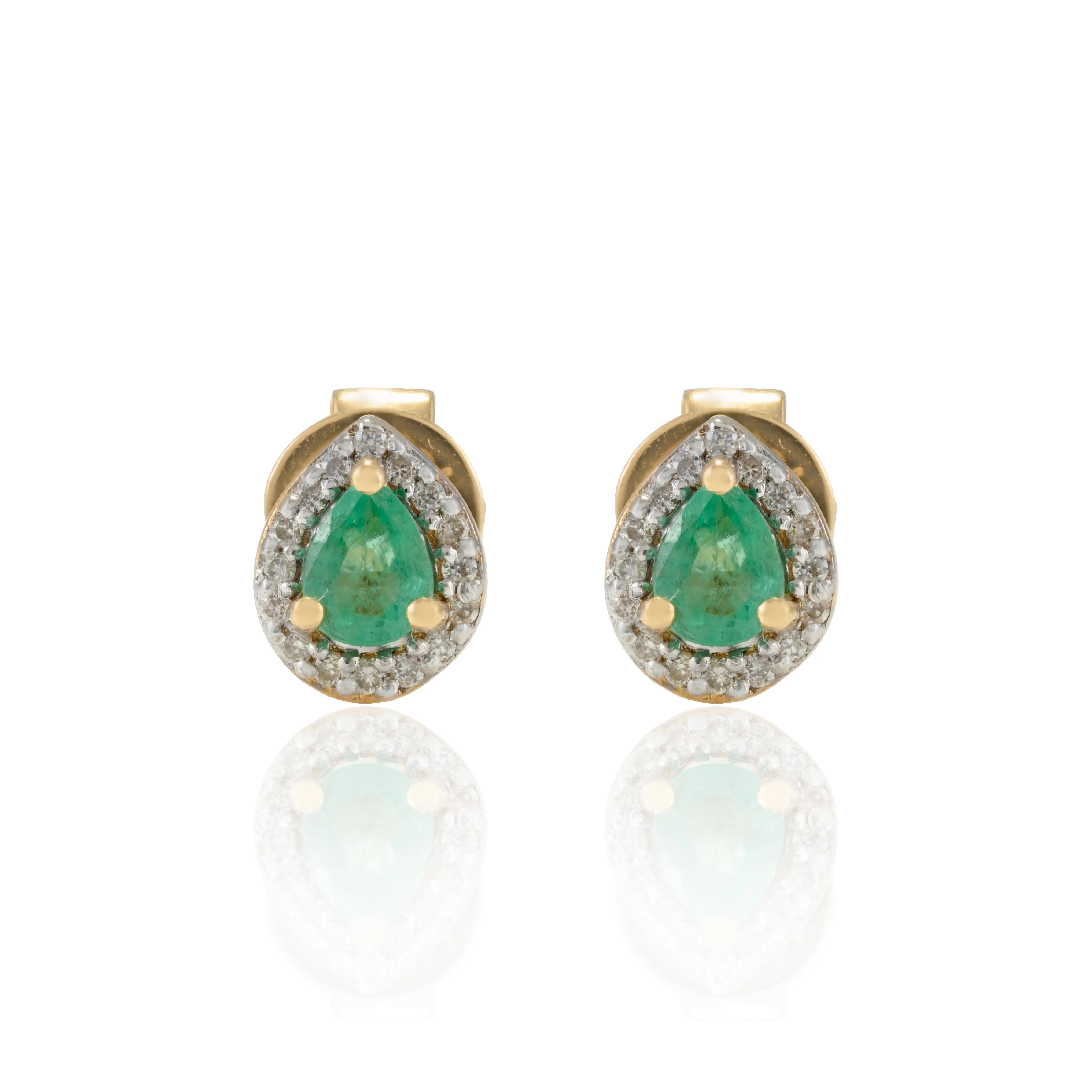 18K Gold Pear Cut Emerald Halo Stud Earrings