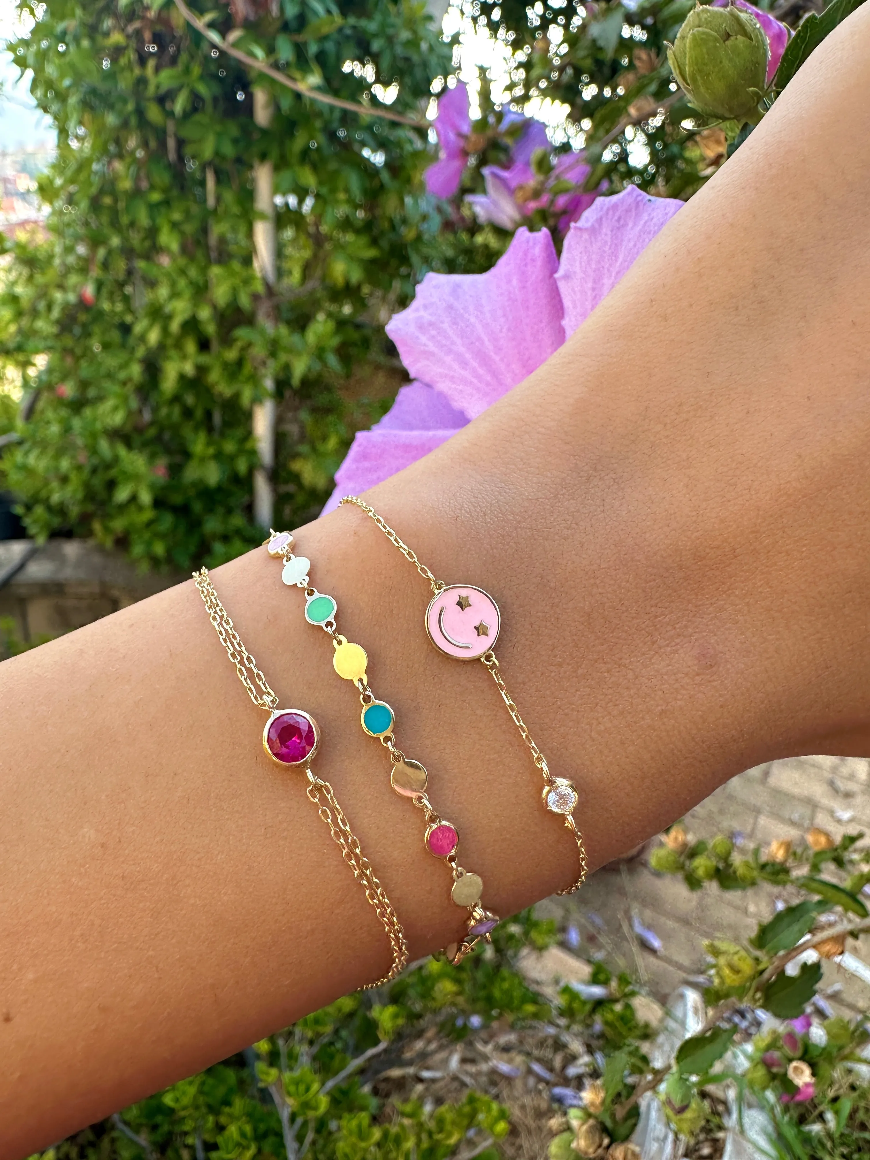 18K Gold Rainbow Charm Disk Bracelet