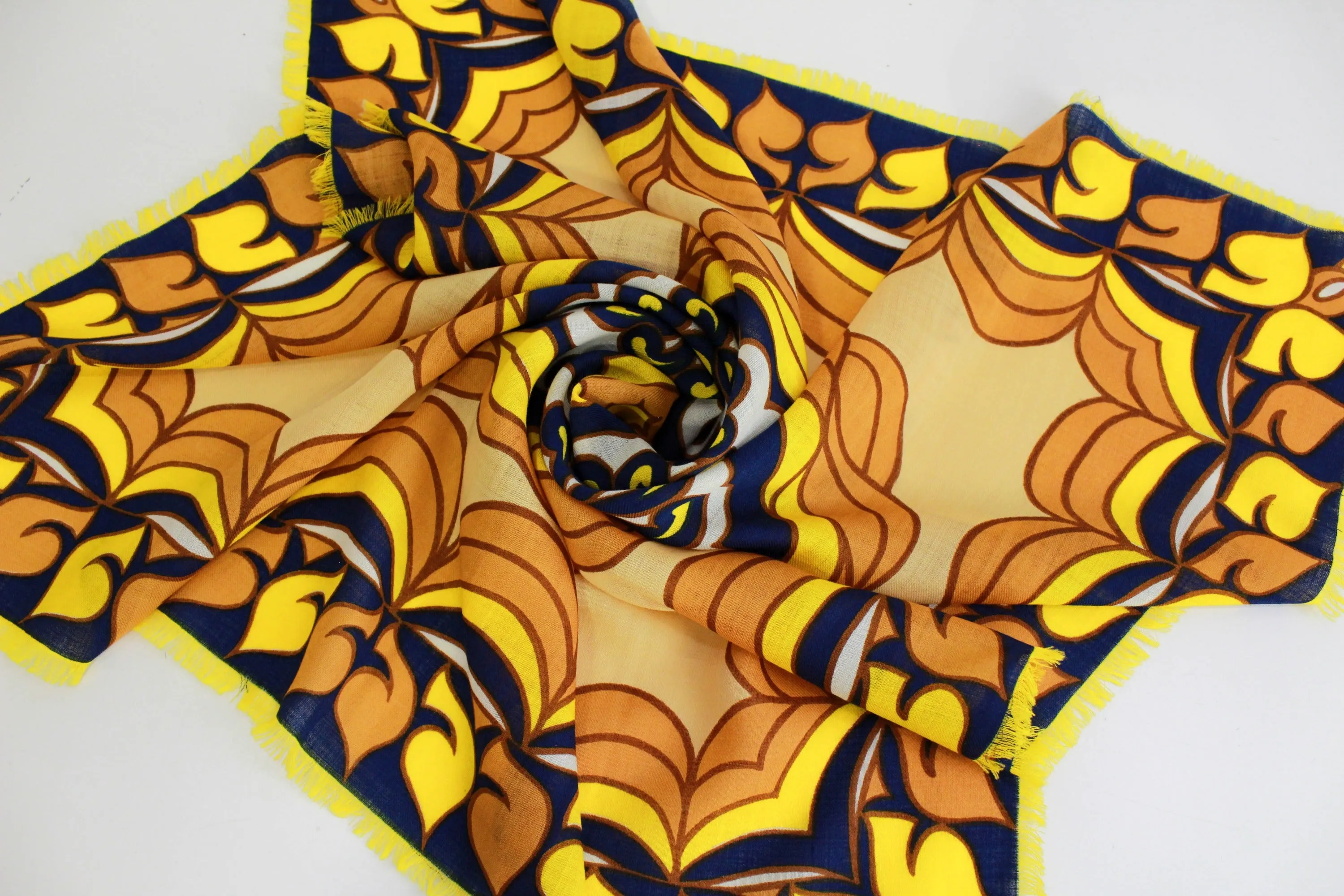 1970s Abstract Print Wool Scarf, Yellow and Blue