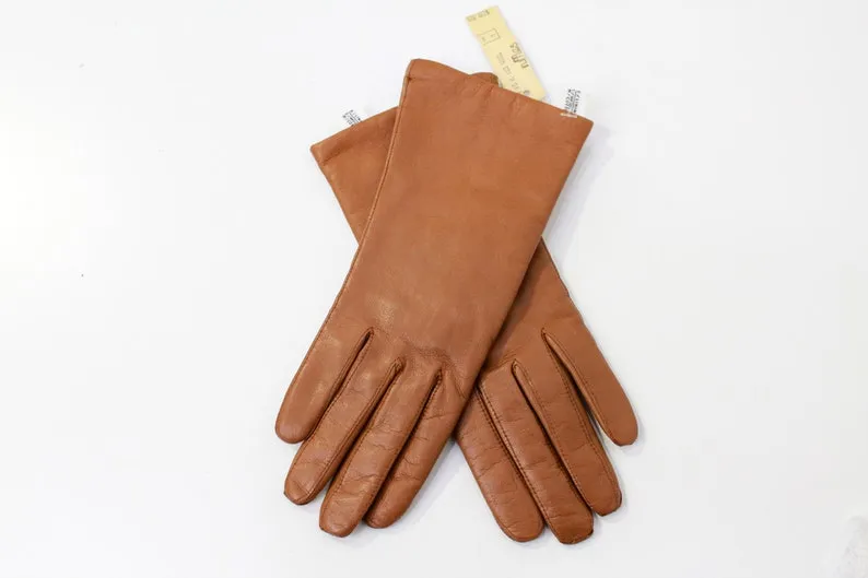 1970s Deadstock Tan Leather Wool Lined Gloves, Size 7