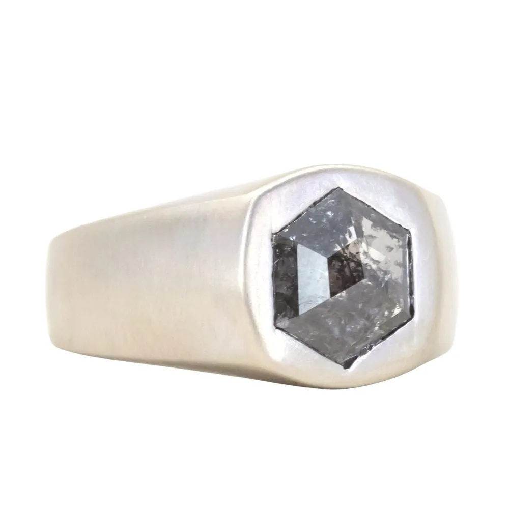 2.73ct Salt & Pepper Hexagon Rosecut Diamond Signet in Satin Finish 14k White Gold