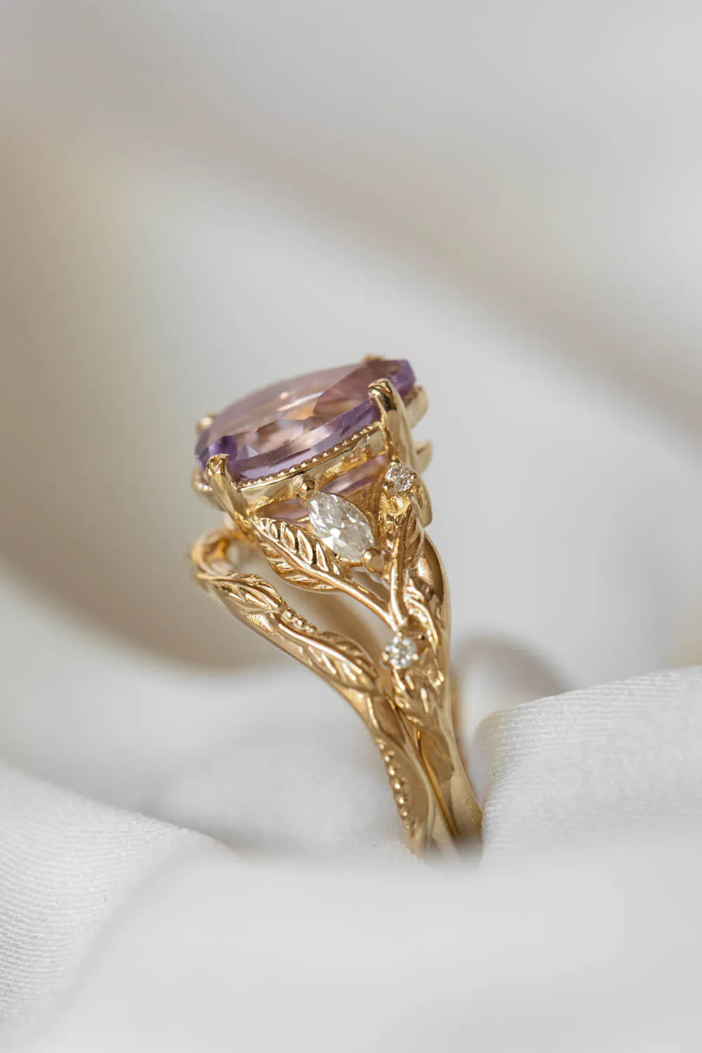 3 instalments payment plan | Amethyst leaf engagement ring set, big purple gemstone bridal ring set / Patricia