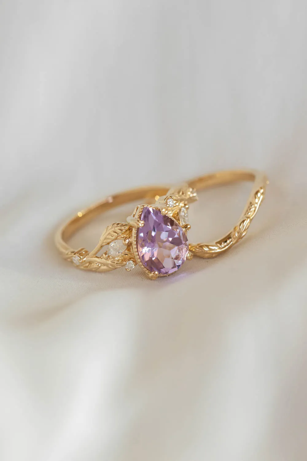 3 instalments payment plan | Amethyst leaf engagement ring set, big purple gemstone bridal ring set / Patricia