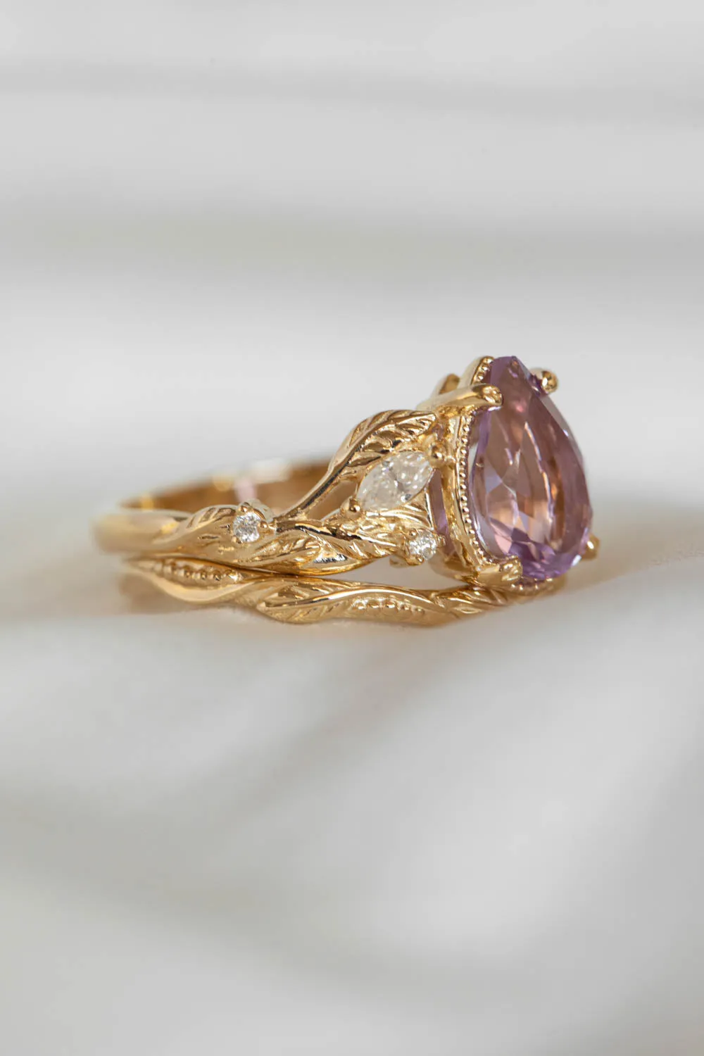 3 instalments payment plan | Amethyst leaf engagement ring set, big purple gemstone bridal ring set / Patricia