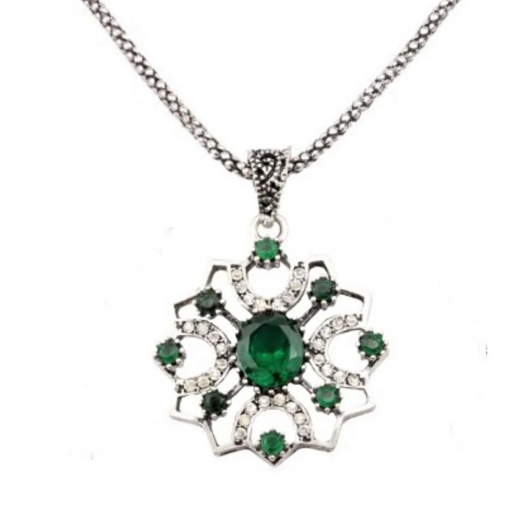 Antique Green Stone and Silver Ornate Pendant Necklace