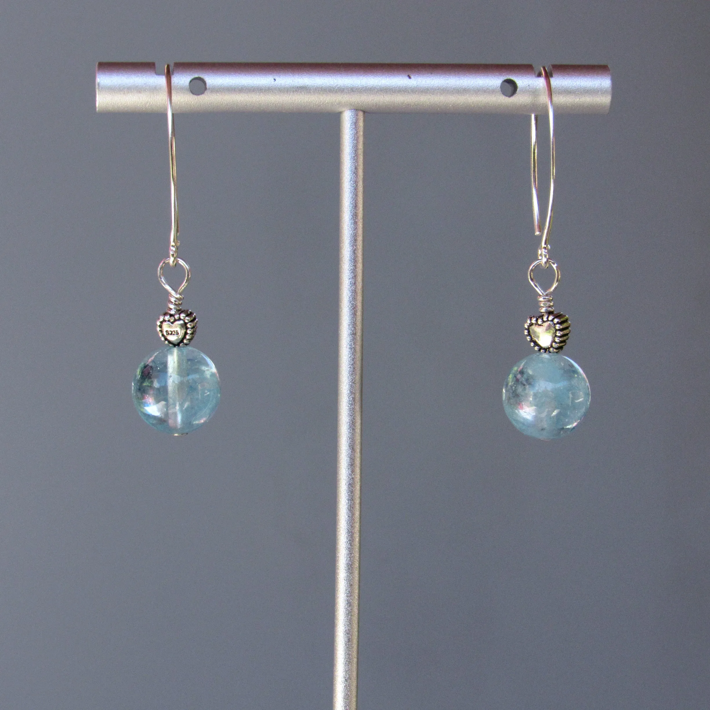 Aquamarine gemstone and Oxidized Sterling Silver Heart Earrings