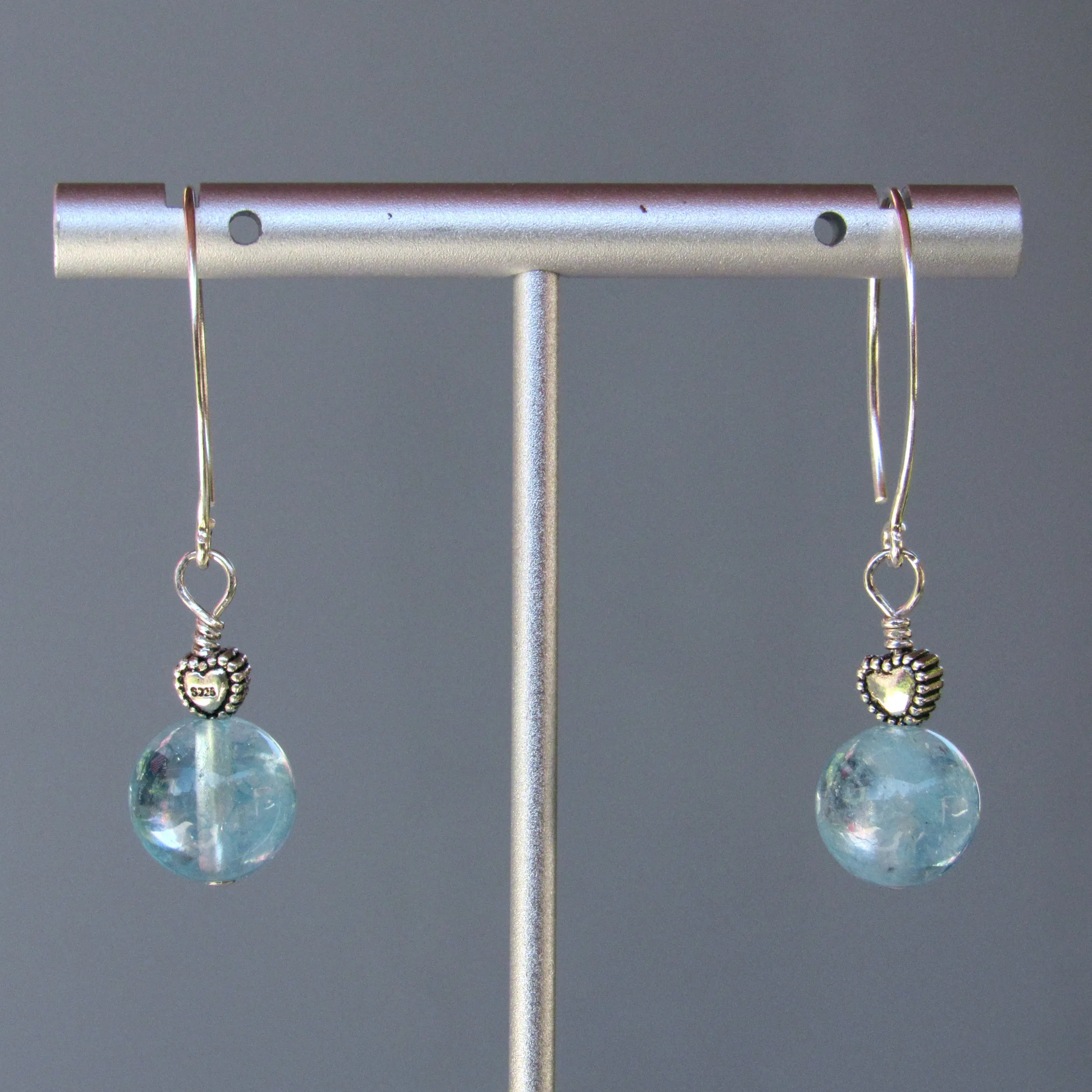 Aquamarine gemstone and Oxidized Sterling Silver Heart Earrings