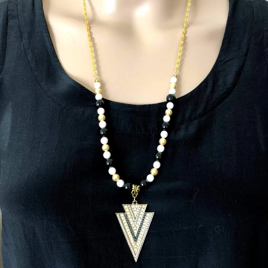 Beige Arrowhead Pendant Beaded Long Necklace