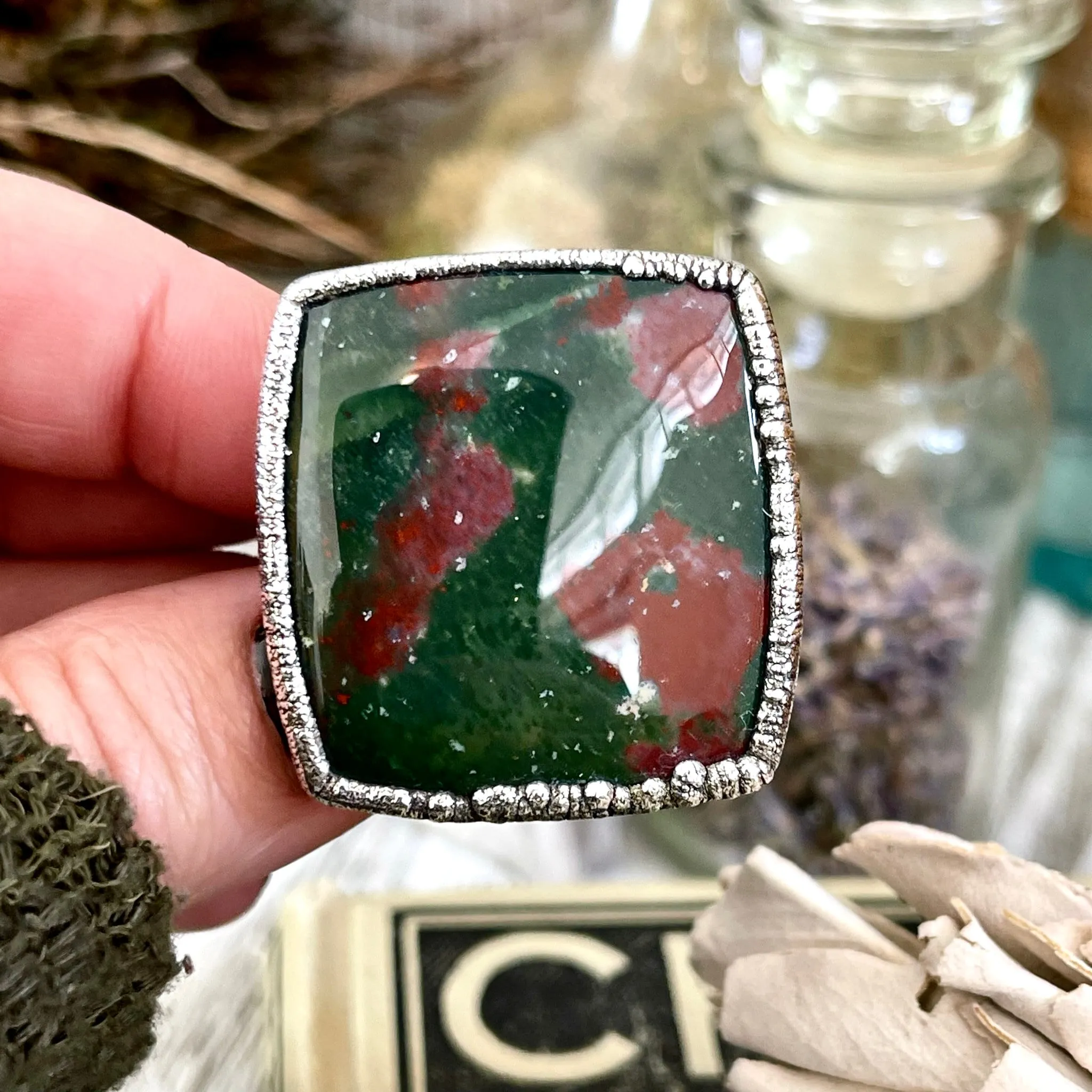 Big Size 11 Natural Bloodstone Statement Ring In Fine Silver /  Foxlark Collection - One of a Kind