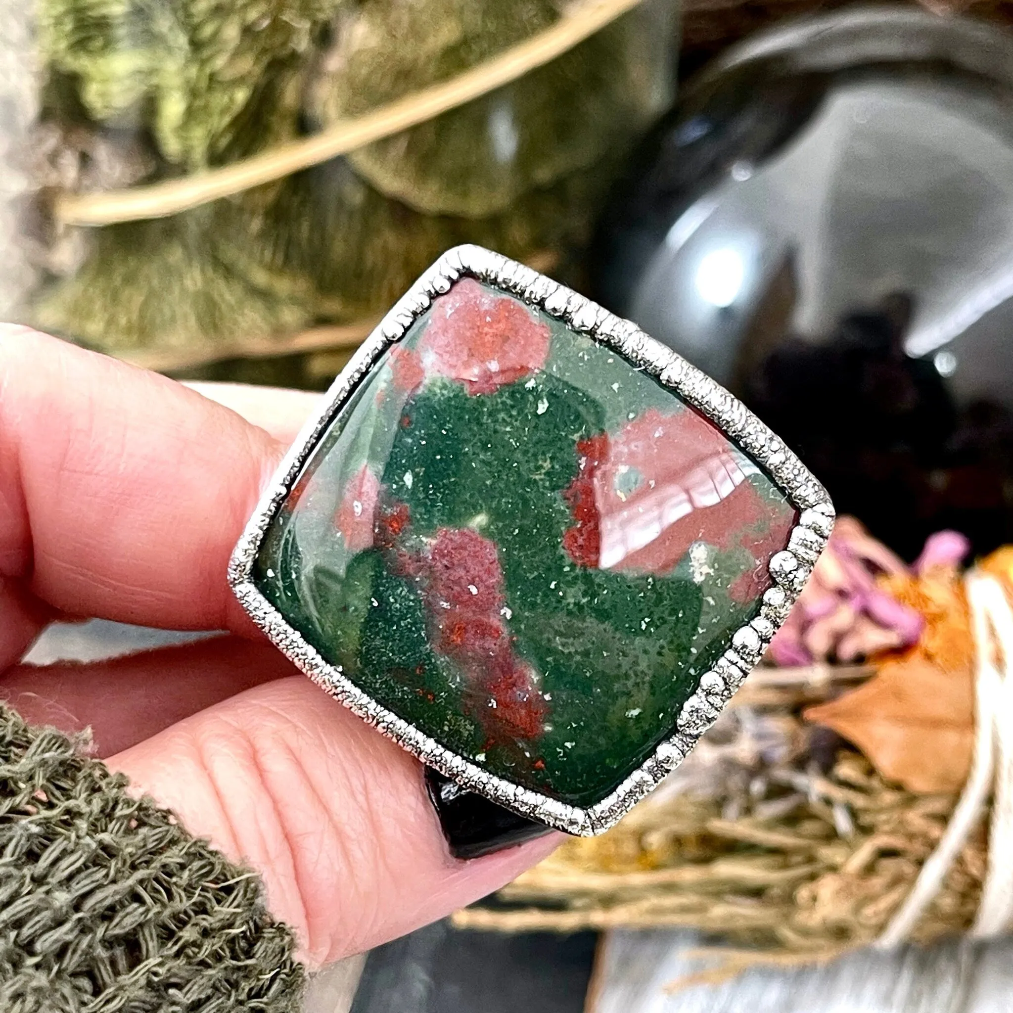 Big Size 11 Natural Bloodstone Statement Ring In Fine Silver /  Foxlark Collection - One of a Kind