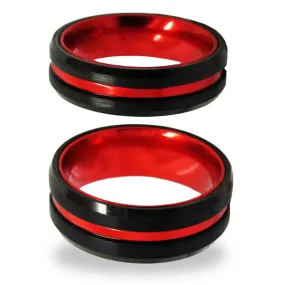 Black and Red Tungsten Wedding Ring Set