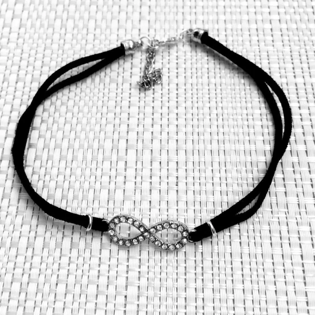 Black Suede Choker with Silver Crystal Infinity Symbol