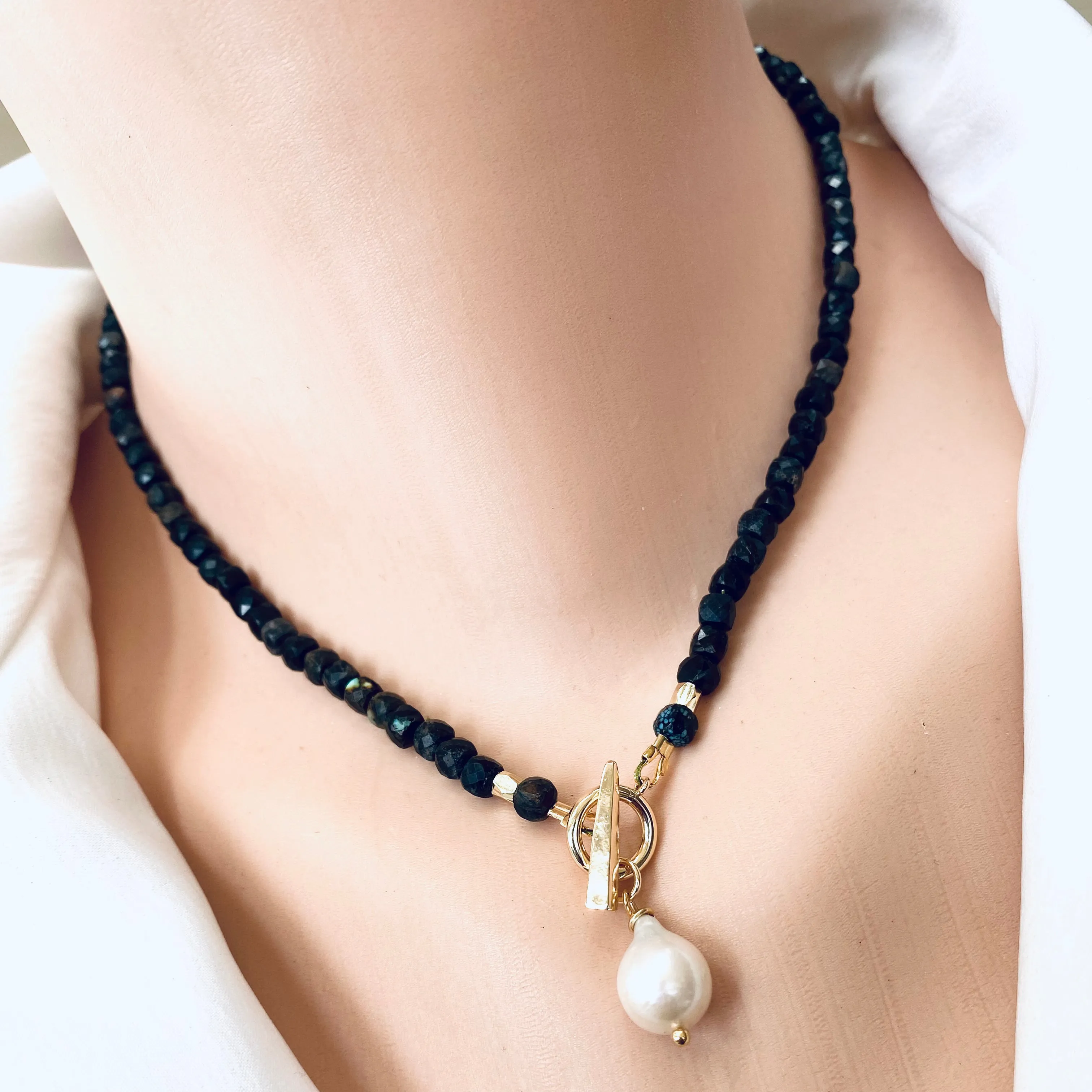 Black Turquoise Toggle Necklace with Baroque Pearl Pendant, Gold Plated, 16inches