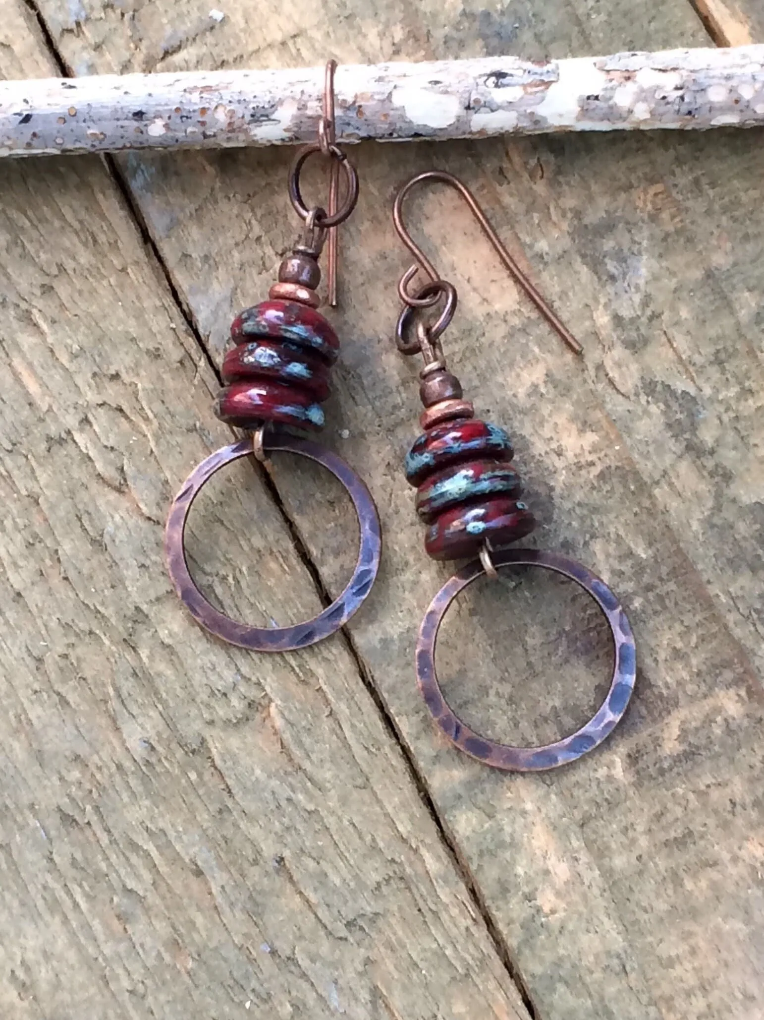 Bohemian Red Earrings, Earthy Copper Earrings, Copper Jewelry, Rustic Red Jewelry, Copper Dangle Earrings, Picasso Red Czech Glass Earrings