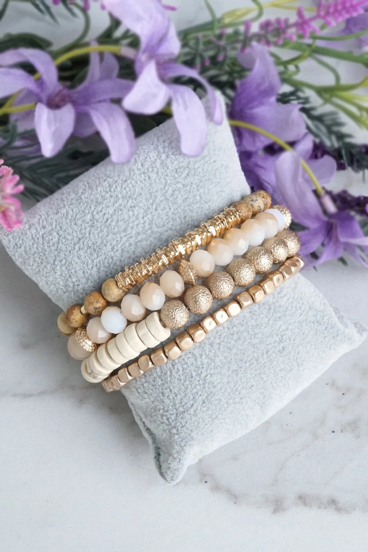 Bracelets stack of 4 piece beaded with Neutral Brown Semi Precious stones glass wooden and golden beads