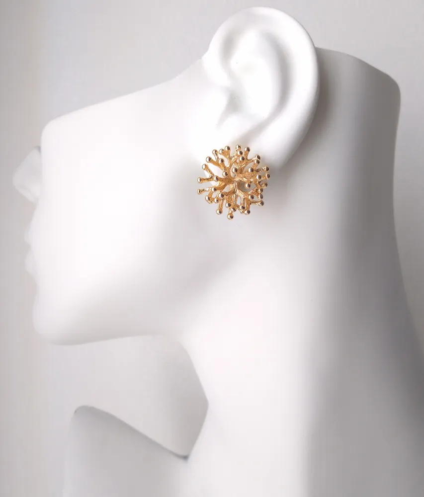 Branch Coral Brass Stud with Haloed Pink Quartz Earrings