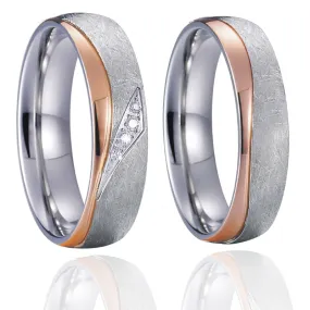 Brushed Silver and Polished Rose Gold Cubic Zirconia Stainless Steel Wedding Ring Set