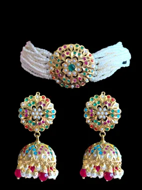 C190 Gold plated choker set in Navratan ( SHIPS IN 4 WEEKS  )