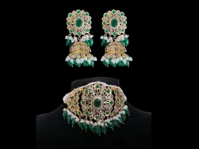 C330 Hyderabadi  choker set in green with jhumka ( READY TO SHIP )