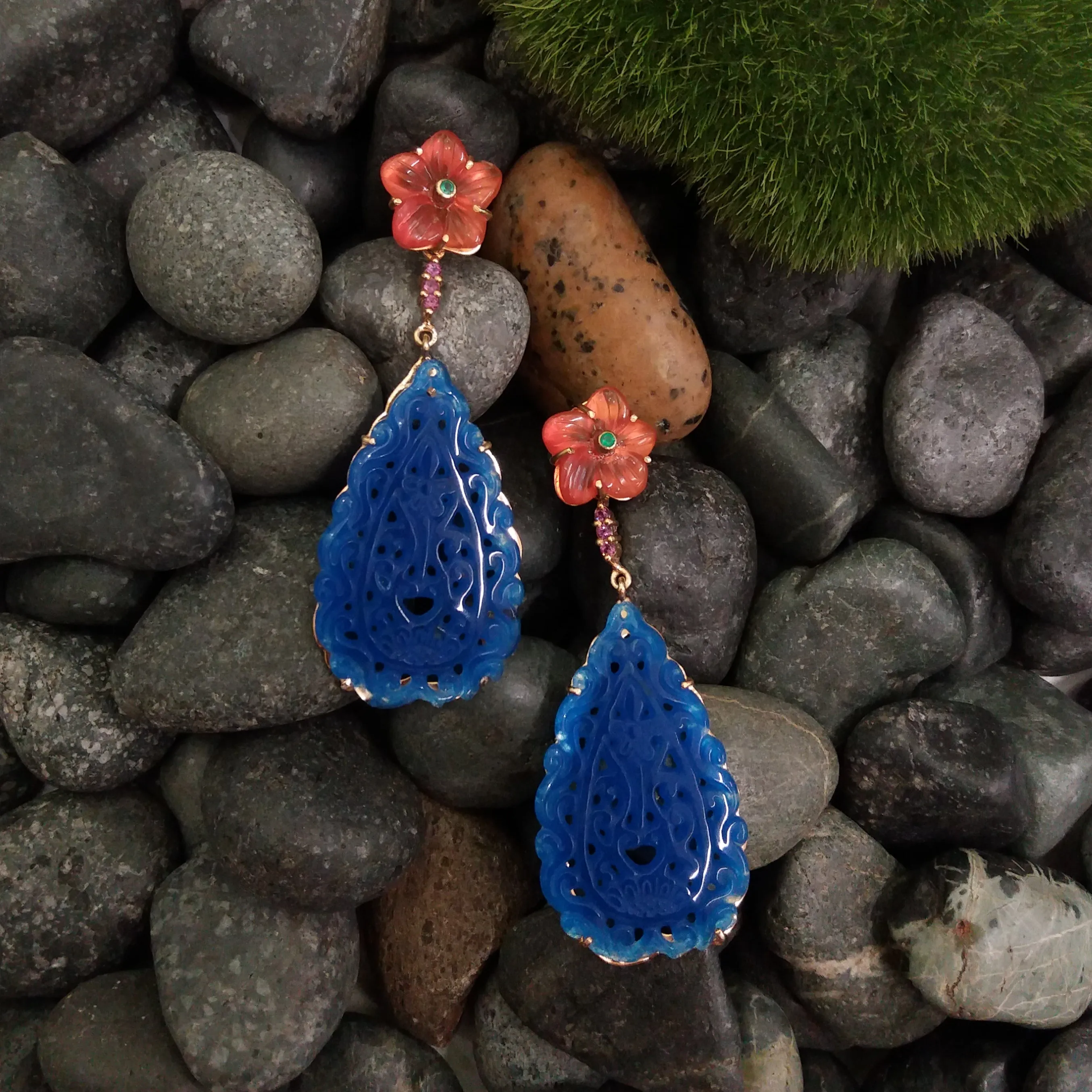 Carved Flower Carnelian with Green Agate Stud with Carved Blue Jade Twinset Earrings