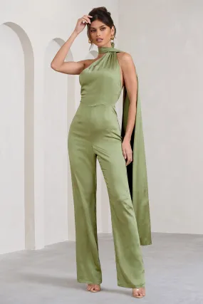 Cascada | Olive Green Satin Wide Leg Jumpsuit With Statement Scarf Neck