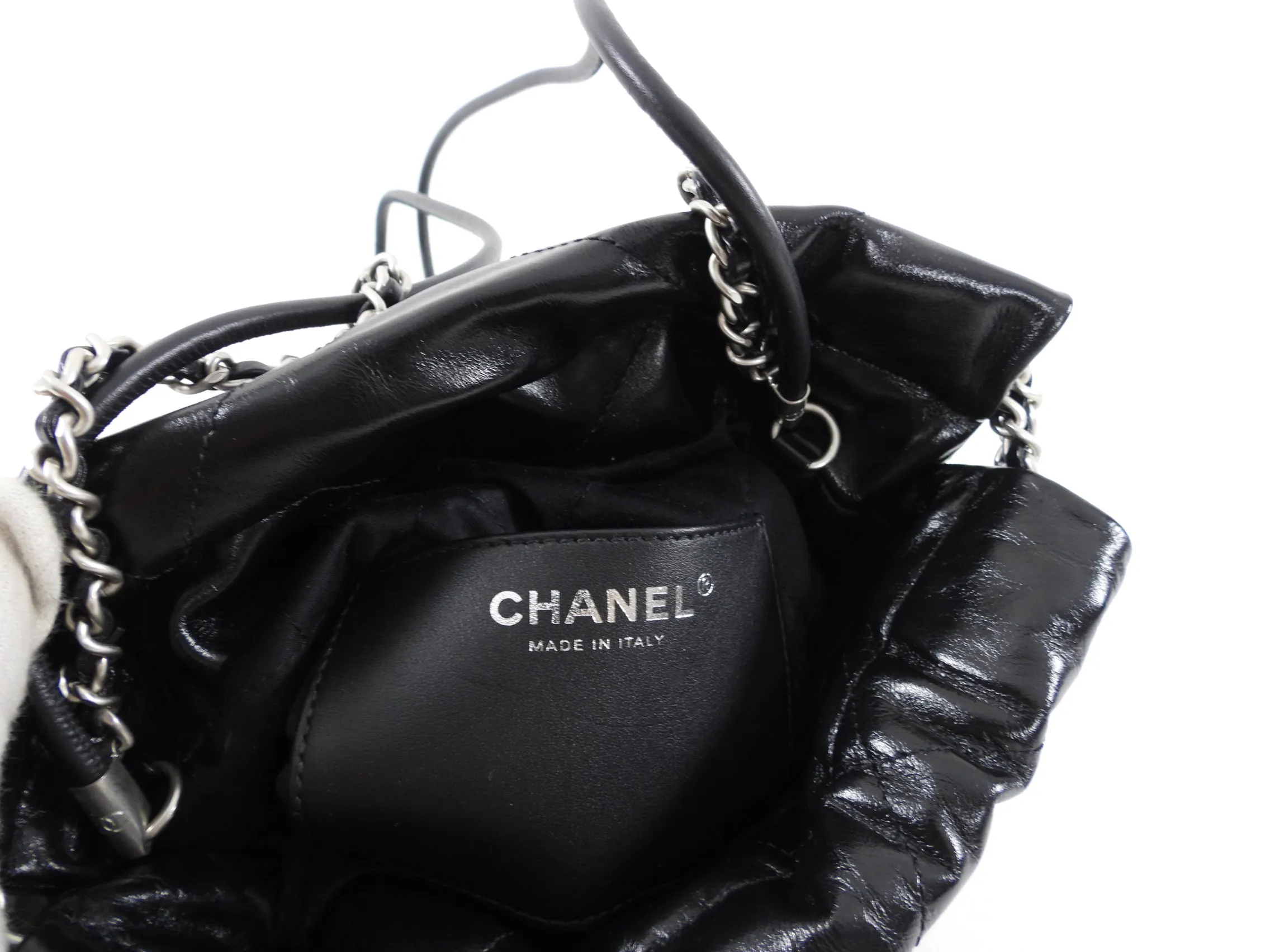 Chanel 22 Black Glossed Leather Logo Mini Chain Bag