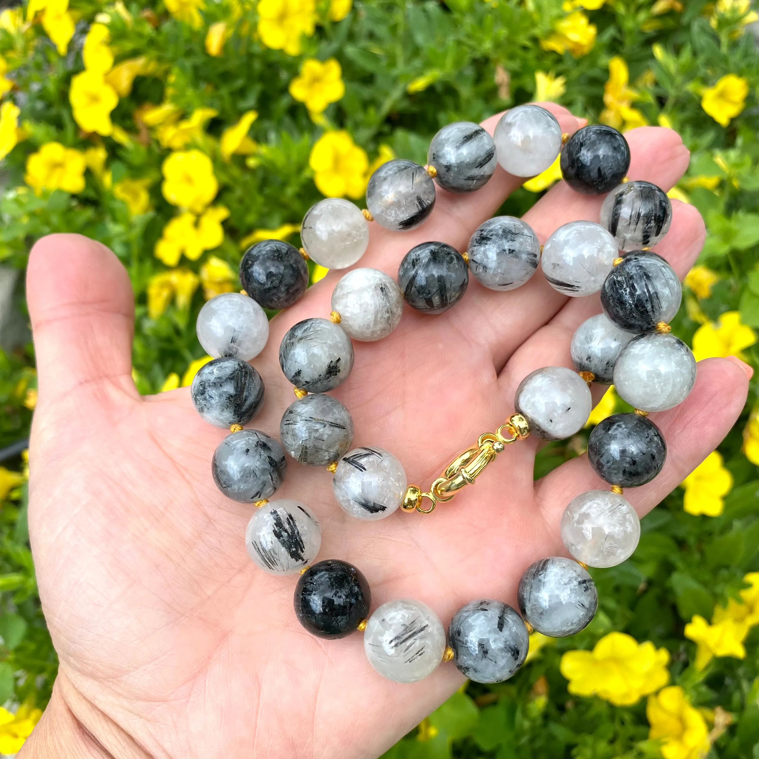 Chunky Black Tourmaline Rutilated Quartz Candy Necklace, Gold Vermeil Marine Clasp, 18.5inches