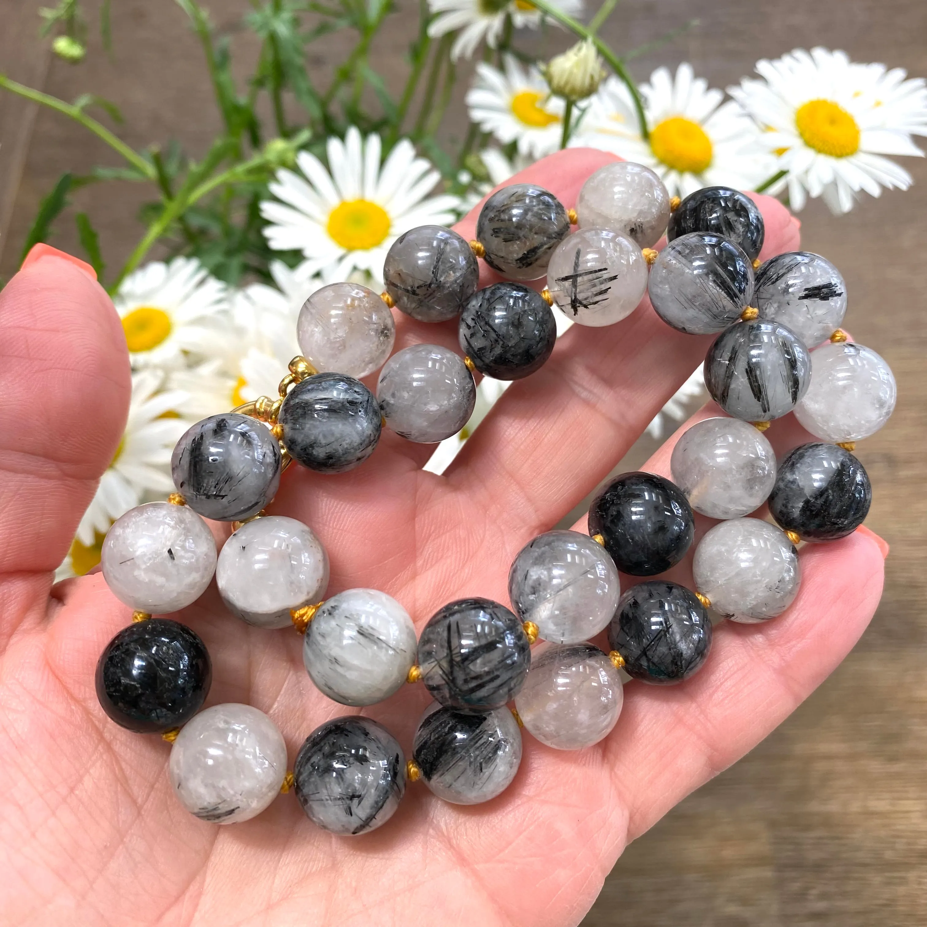 Chunky Black Tourmaline Rutilated Quartz Candy Necklace, Gold Vermeil Marine Clasp, 18.5inches