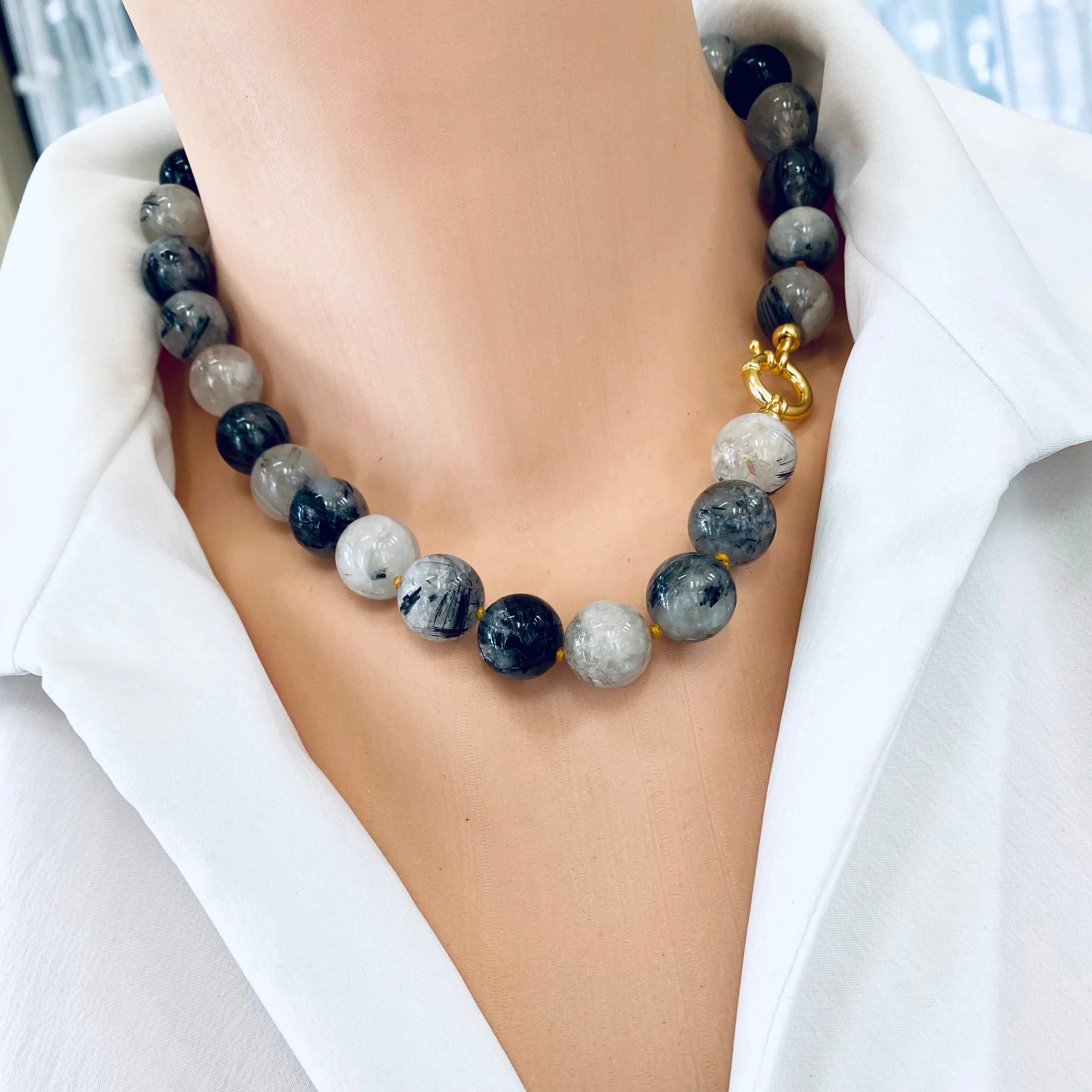 Chunky Black Tourmaline Rutilated Quartz Candy Necklace, Gold Vermeil Marine Clasp, 18.5inches