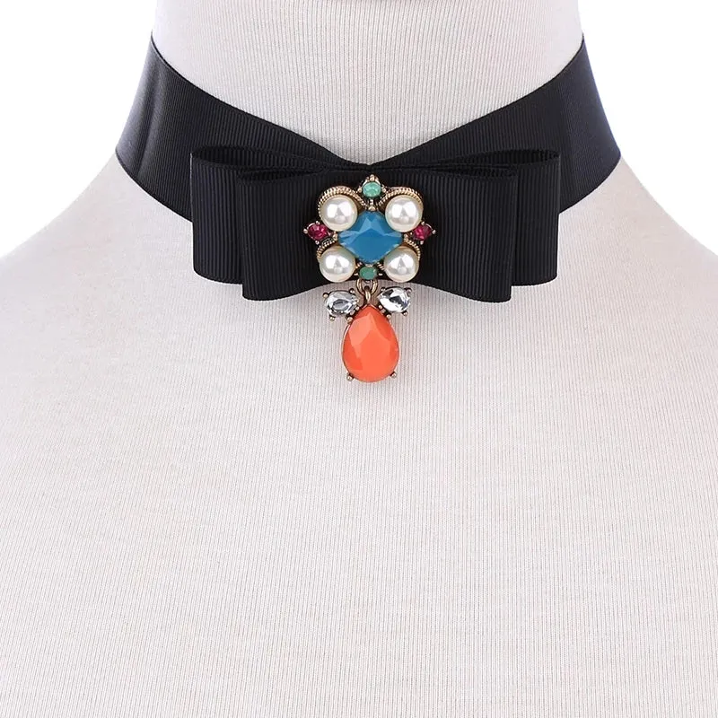 Colorful Crystals & Pearls Party Choker Necklace