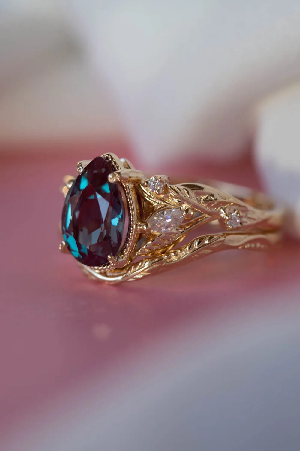 Colour changing alexandrite engagement ring, yellow gold proposal ring with diamonds / Patricia