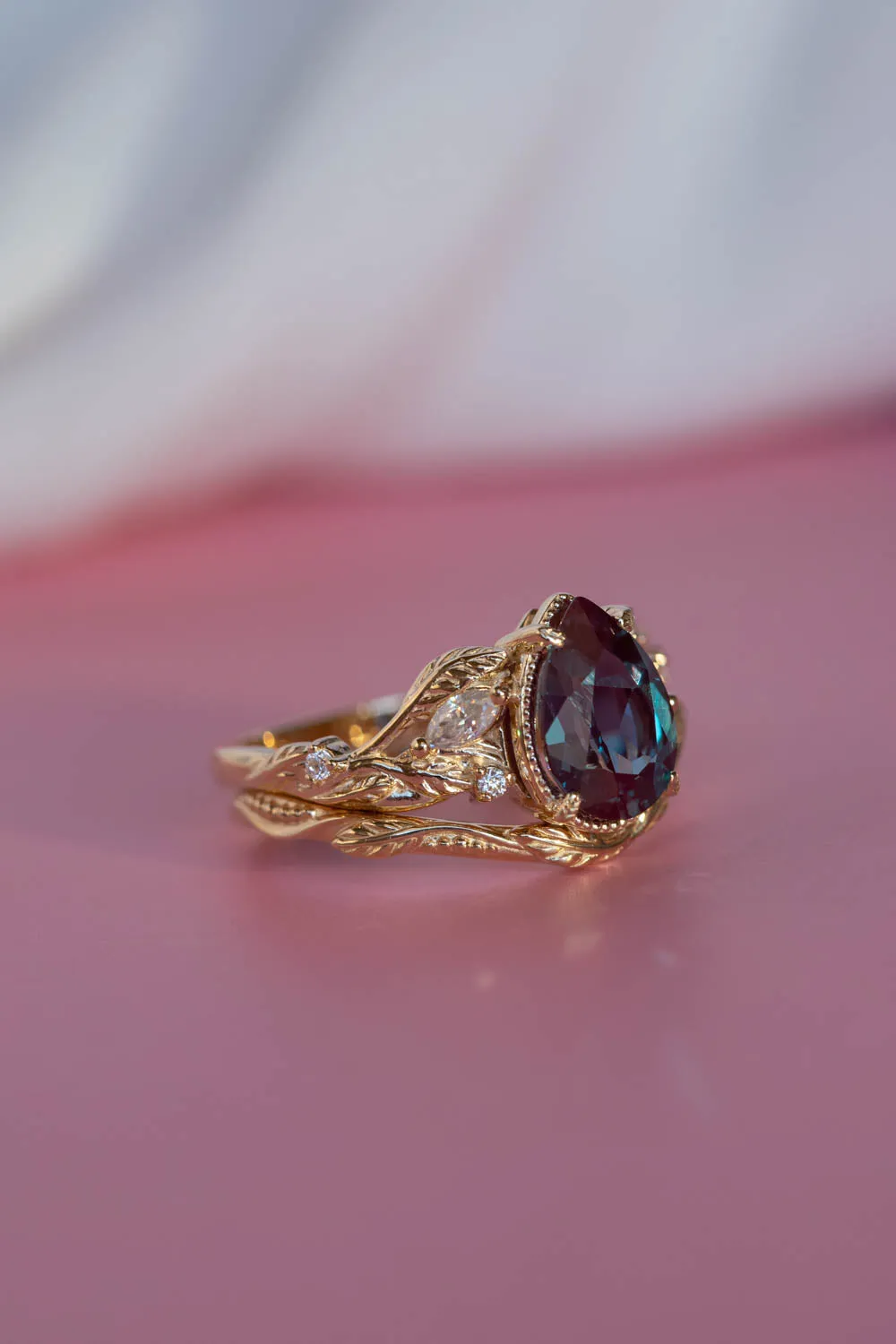 Colour changing alexandrite engagement ring, yellow gold proposal ring with diamonds / Patricia