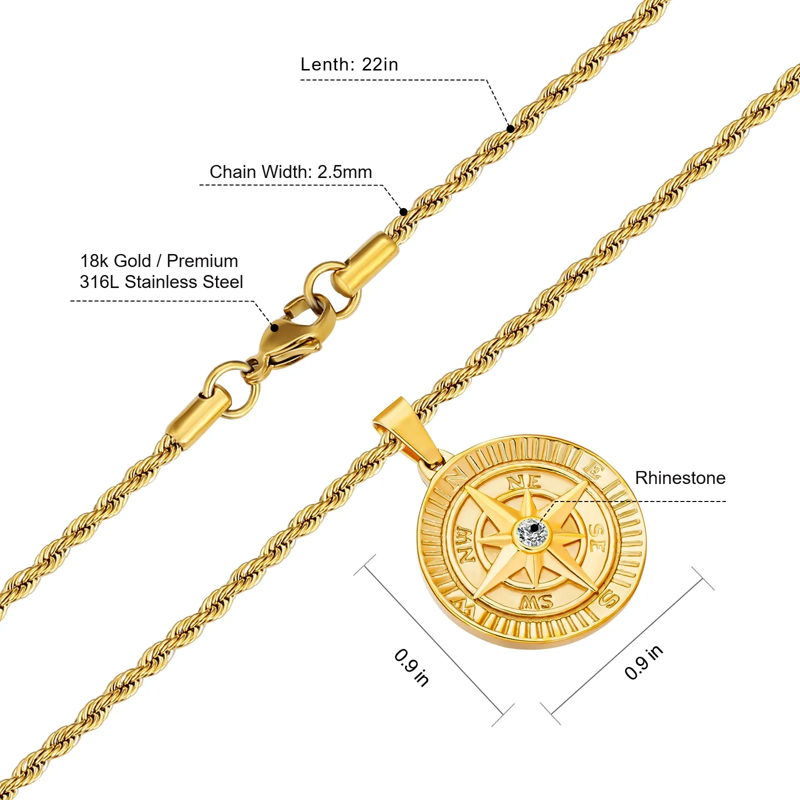 Compass Coin Pendant Necklace for Men CPLP