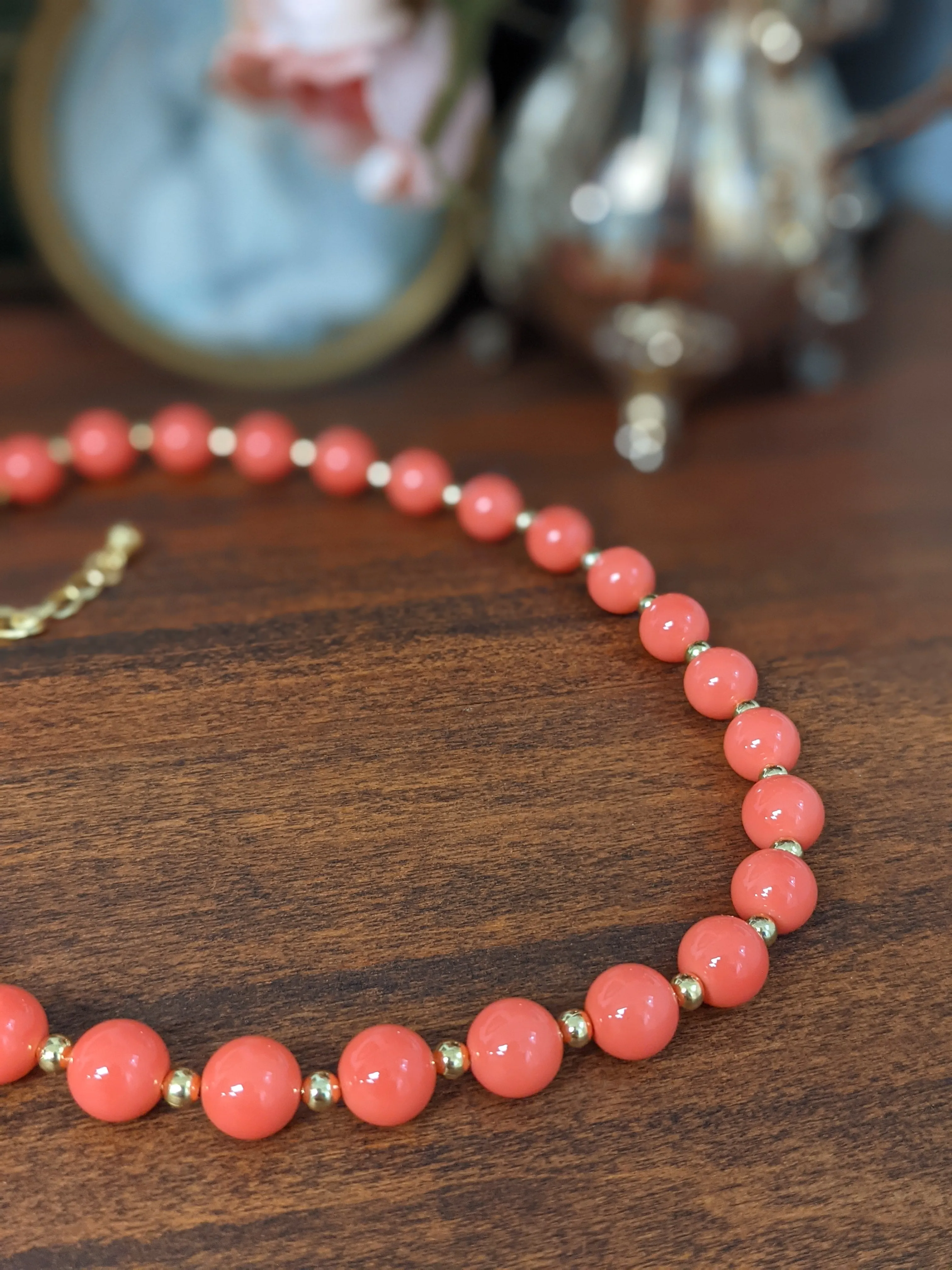 Coral Necklace - Empress Josephine with Golden Beads