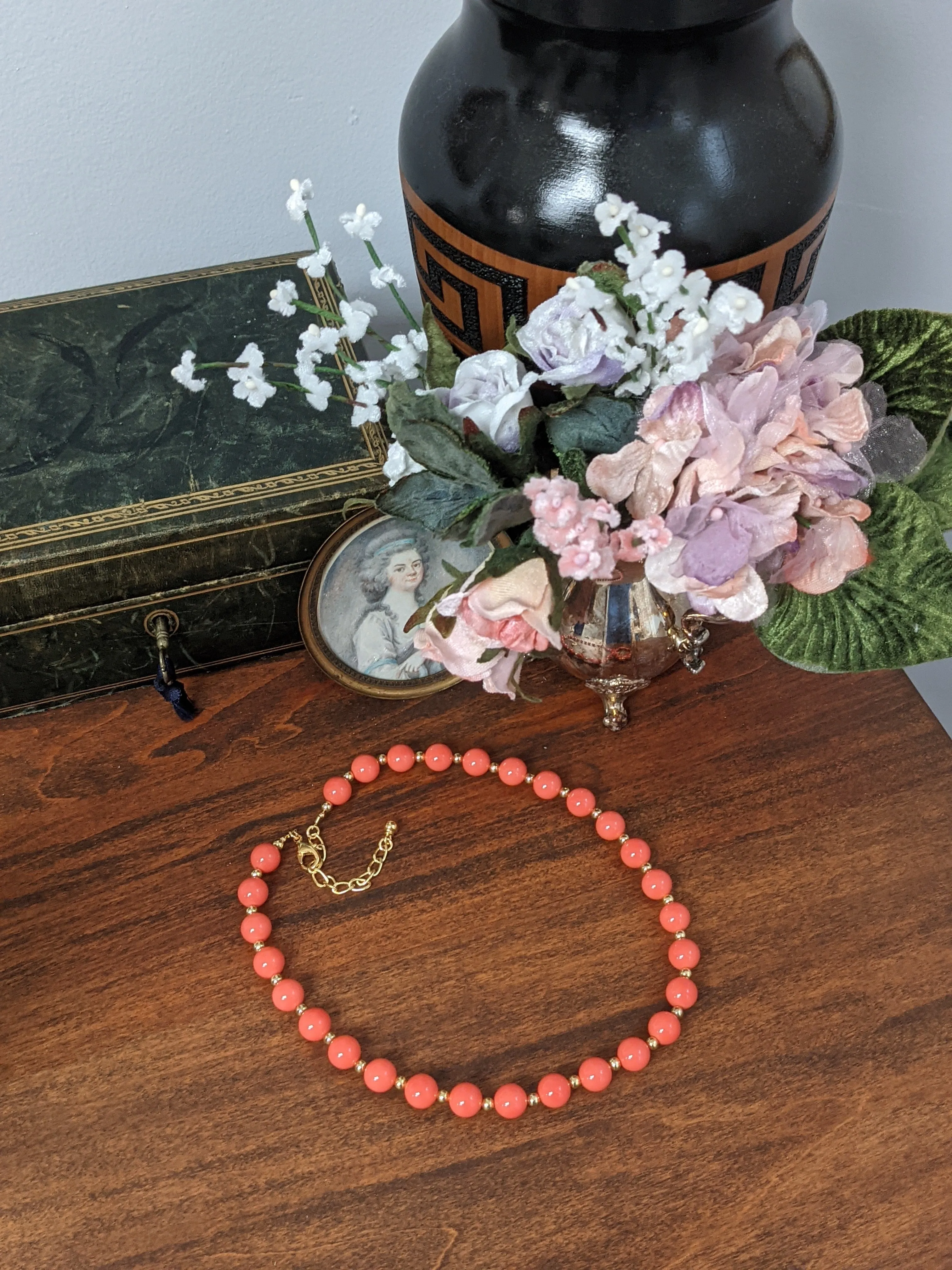 Coral Necklace - Empress Josephine with Golden Beads