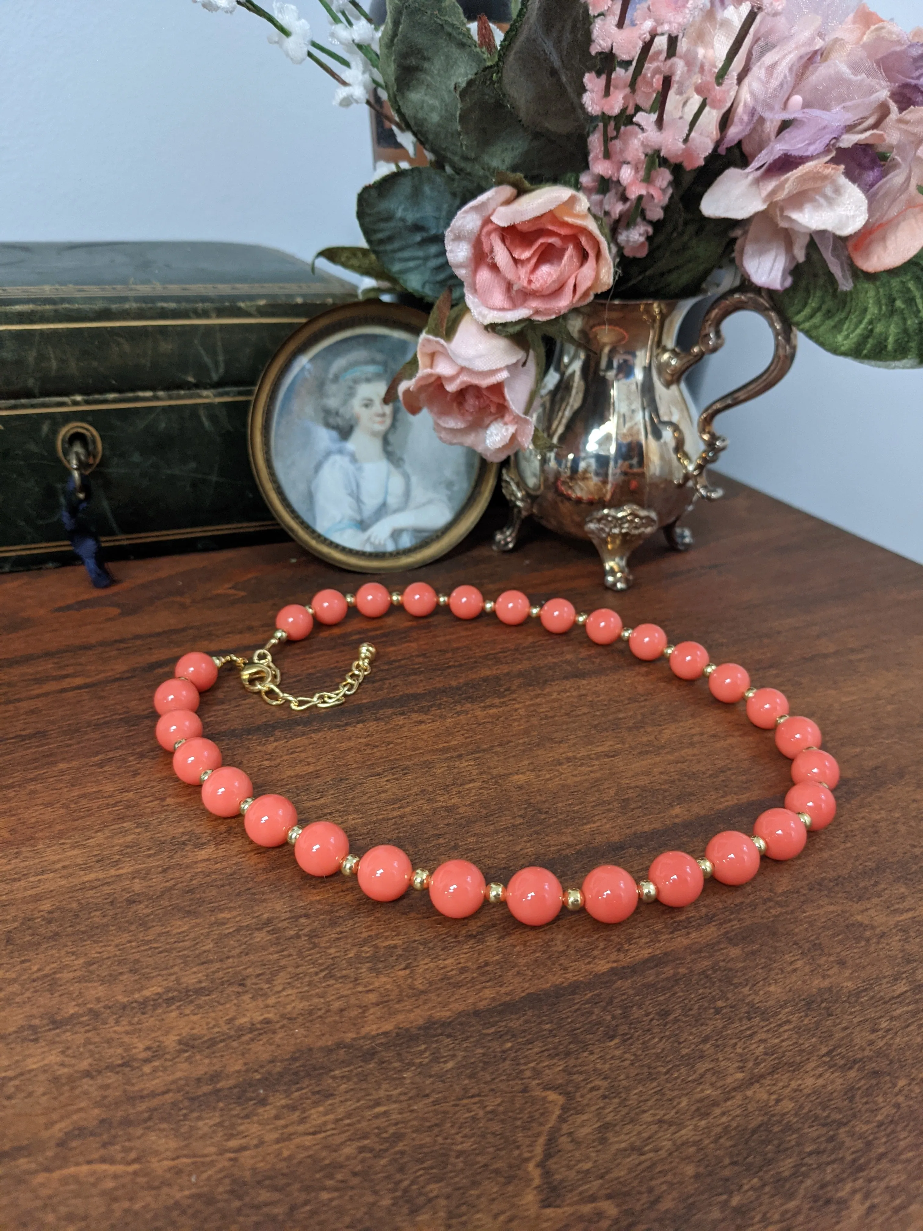 Coral Necklace - Empress Josephine with Golden Beads