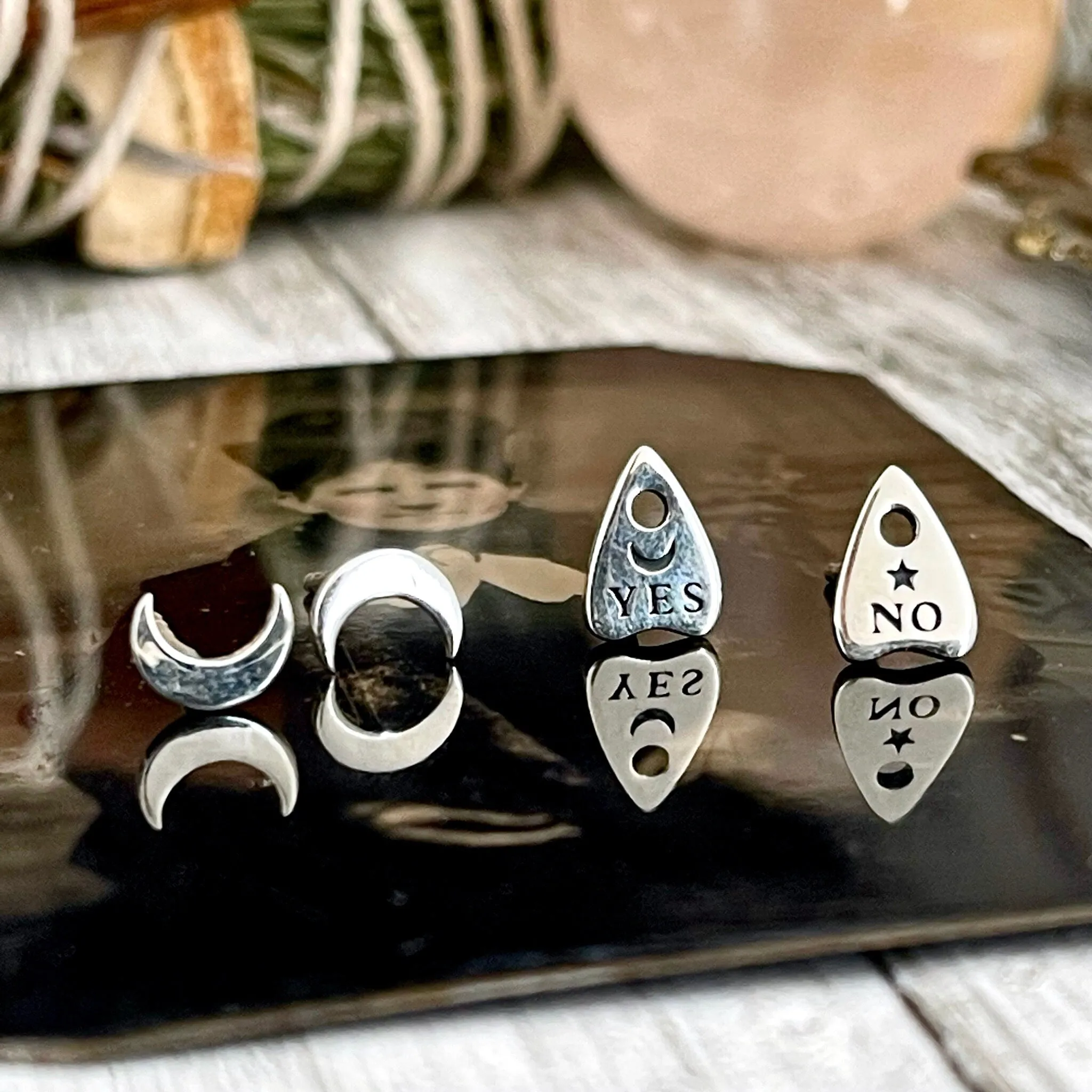 Crescent Moon and Planchette Stud Earring Set / Sterling Silver Stud Earrings