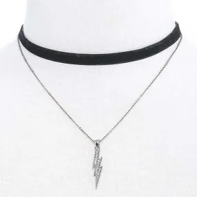 Crystal Lightening Bolt Silver Chain and Black Layered Choker