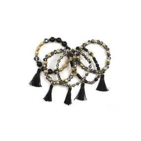 Crystal Stone Ball Bead Tassel Stretch Bracelet Set