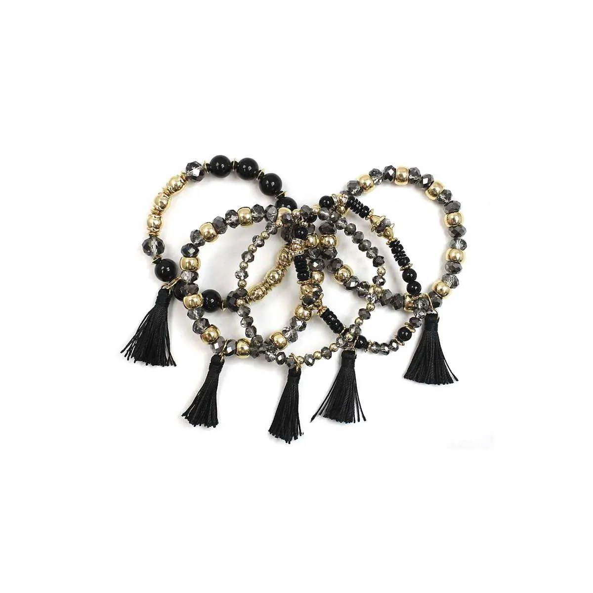 Crystal Stone Ball Bead Tassel Stretch Bracelet Set