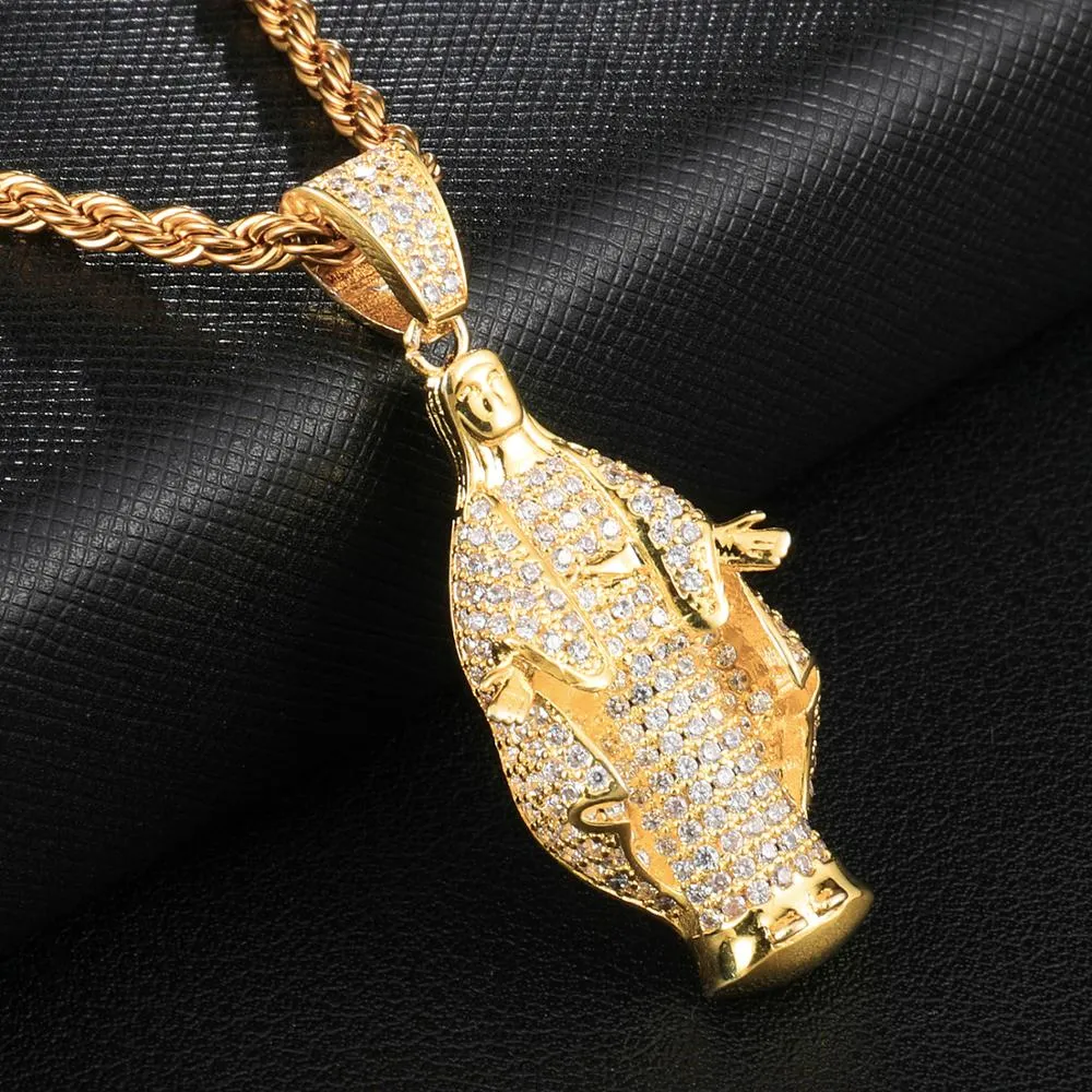 Cubic-Zirconia-Studded Gold-Plated Virgin Mary Bling Hip-hop Pendant Necklace