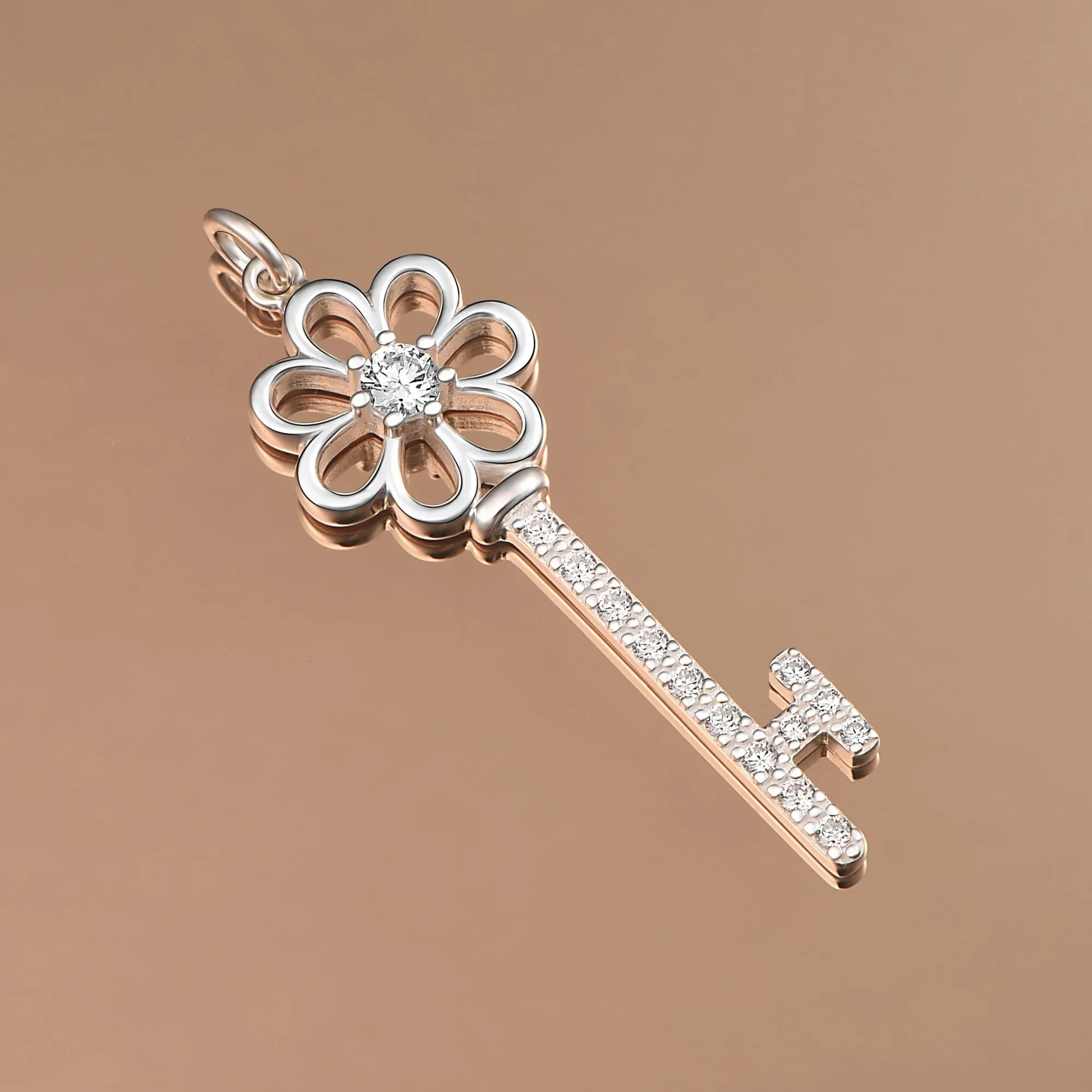 CZ Flower Key Sterling Silver Pendant