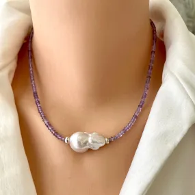 Dainty Light Lavender Amethyst & Baroque Pearl Necklace, February Birthstone, Silver, 17.5in