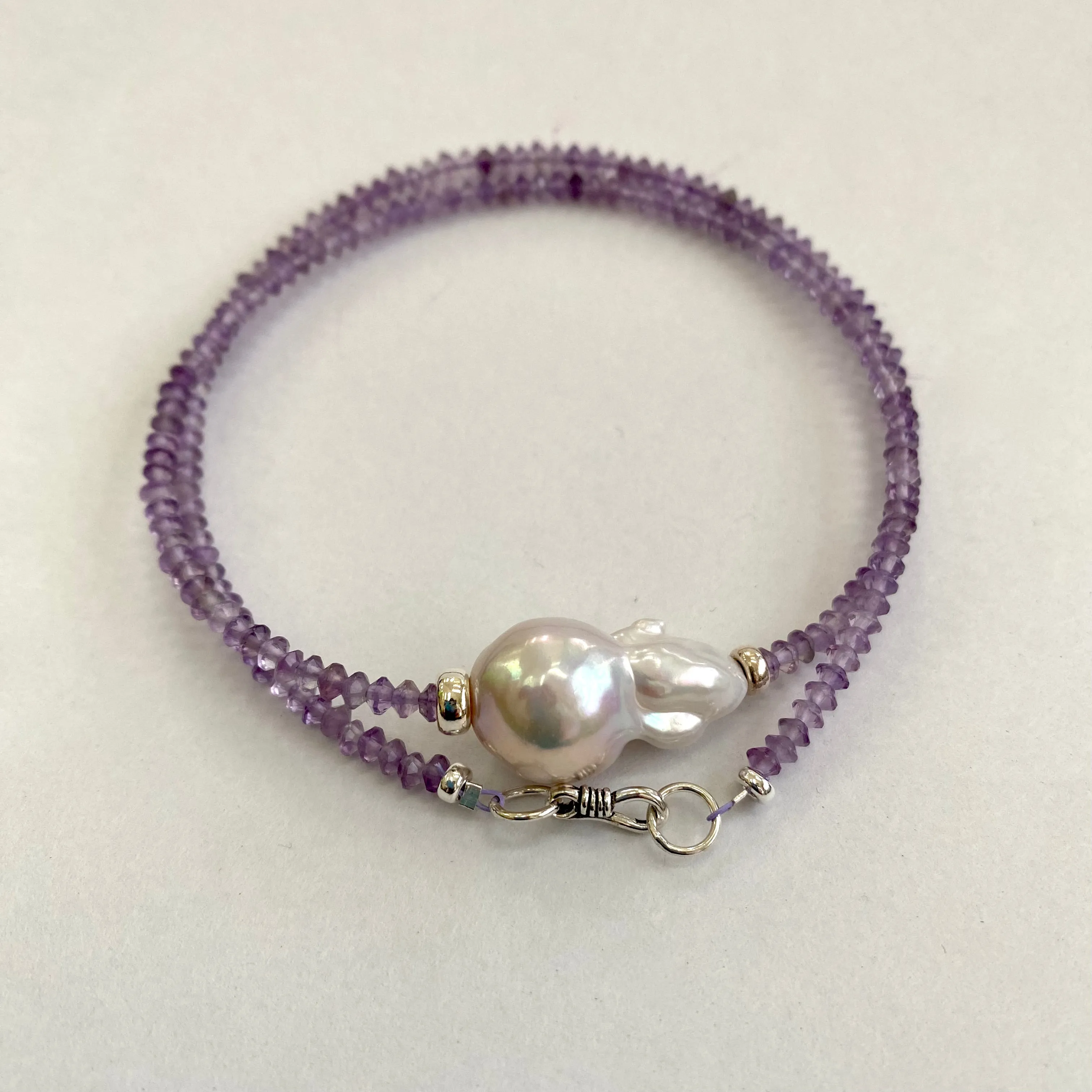 Dainty Light Lavender Amethyst & Baroque Pearl Necklace, February Birthstone, Silver, 17.5in